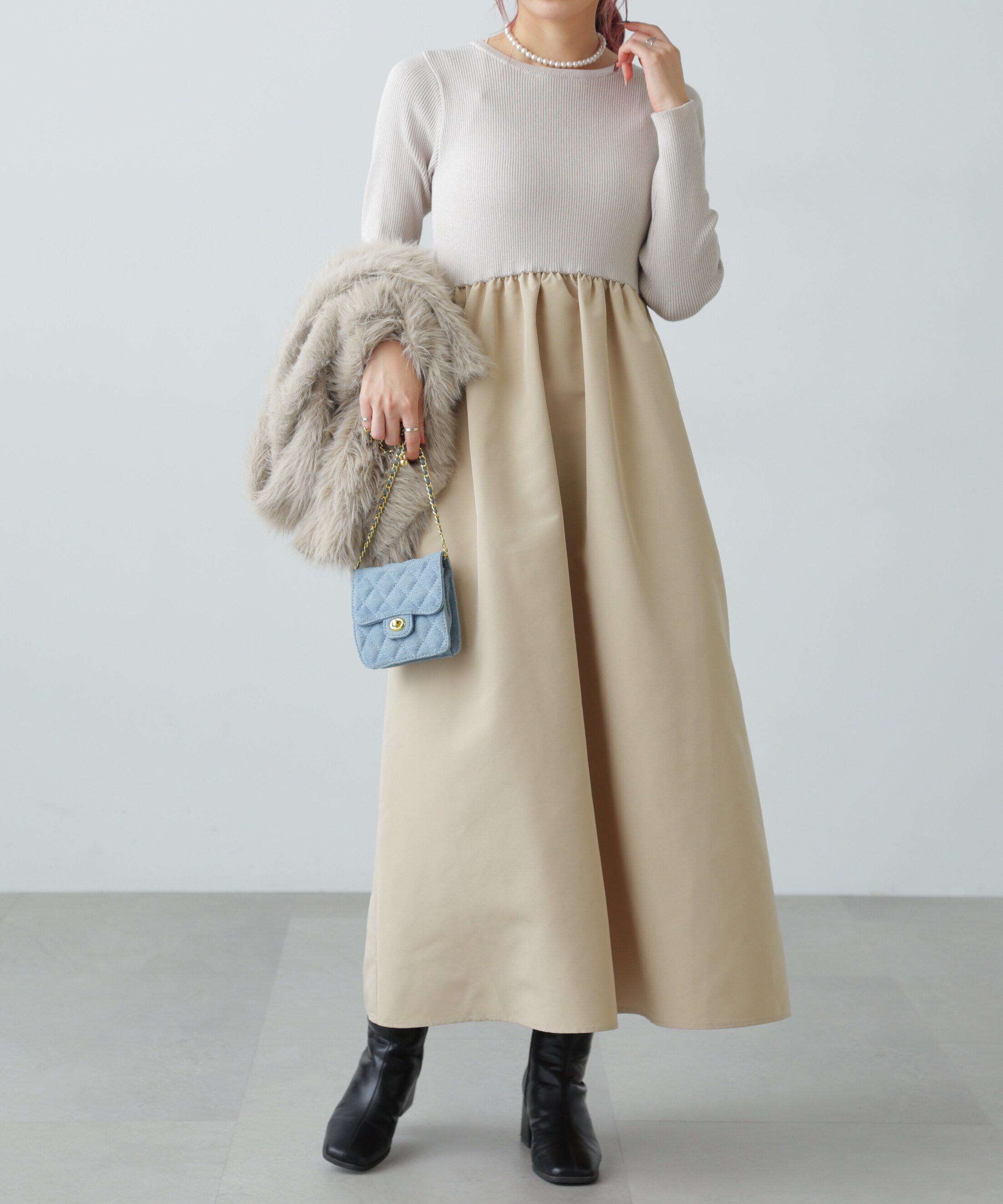  「布帛ドッキングクルーネックワンピース」|ワンピース|グレージュ