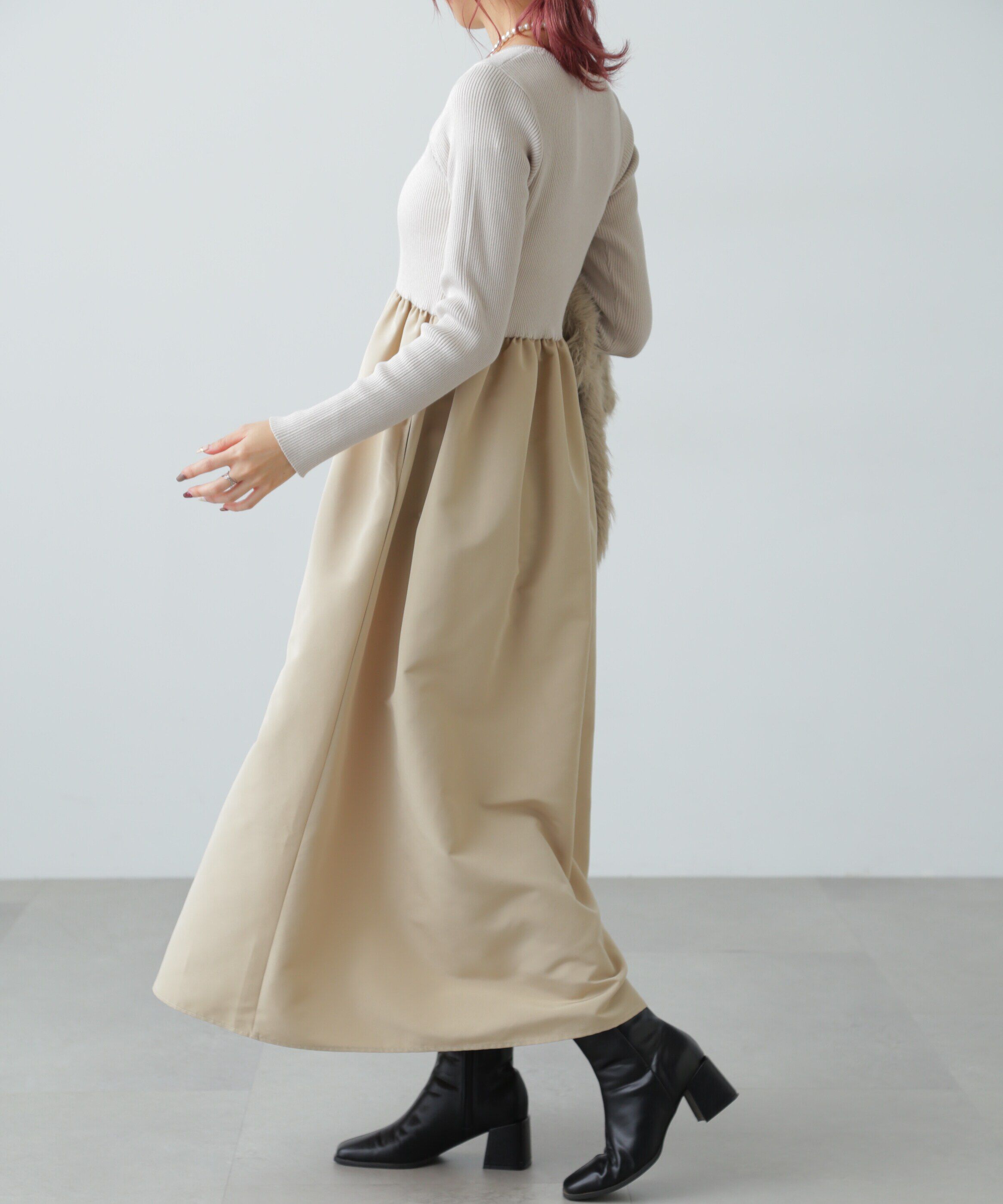  「布帛ドッキングクルーネックワンピース」|ワンピース|