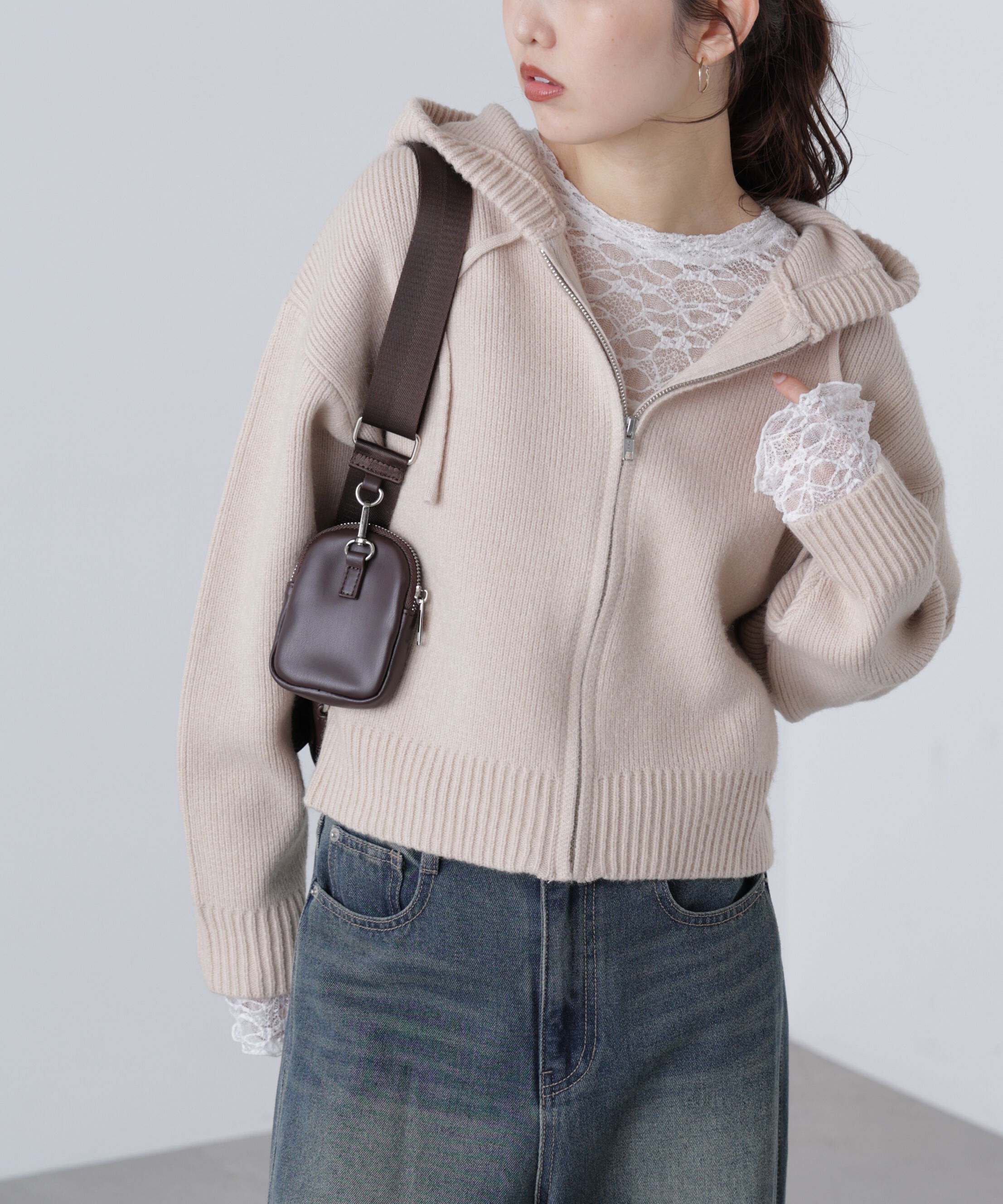  「ジップニットパーカー」|ニット・セーター|ベージュ