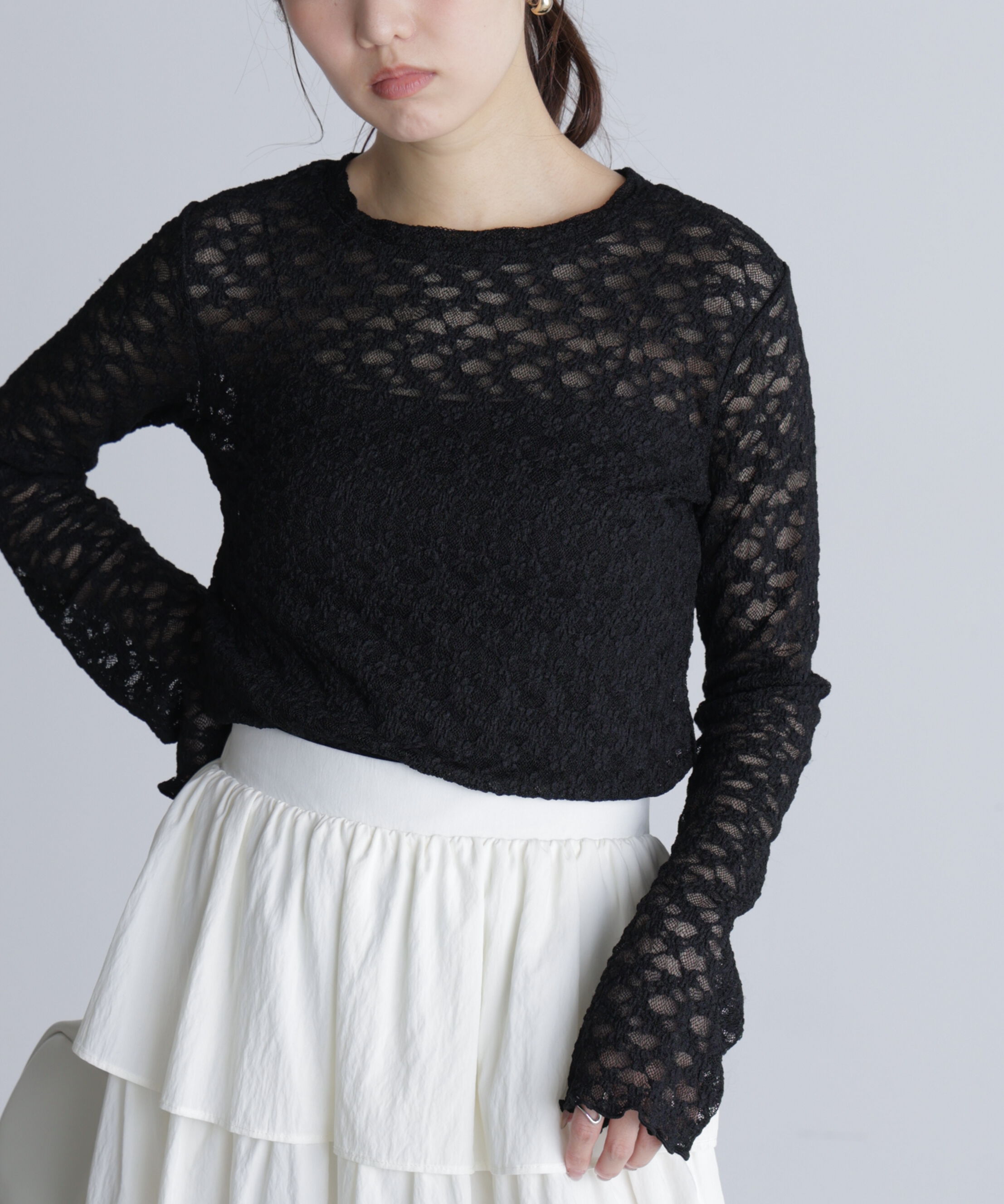  「長袖レースカットソー」|Tシャツ・カットソー|ブラック