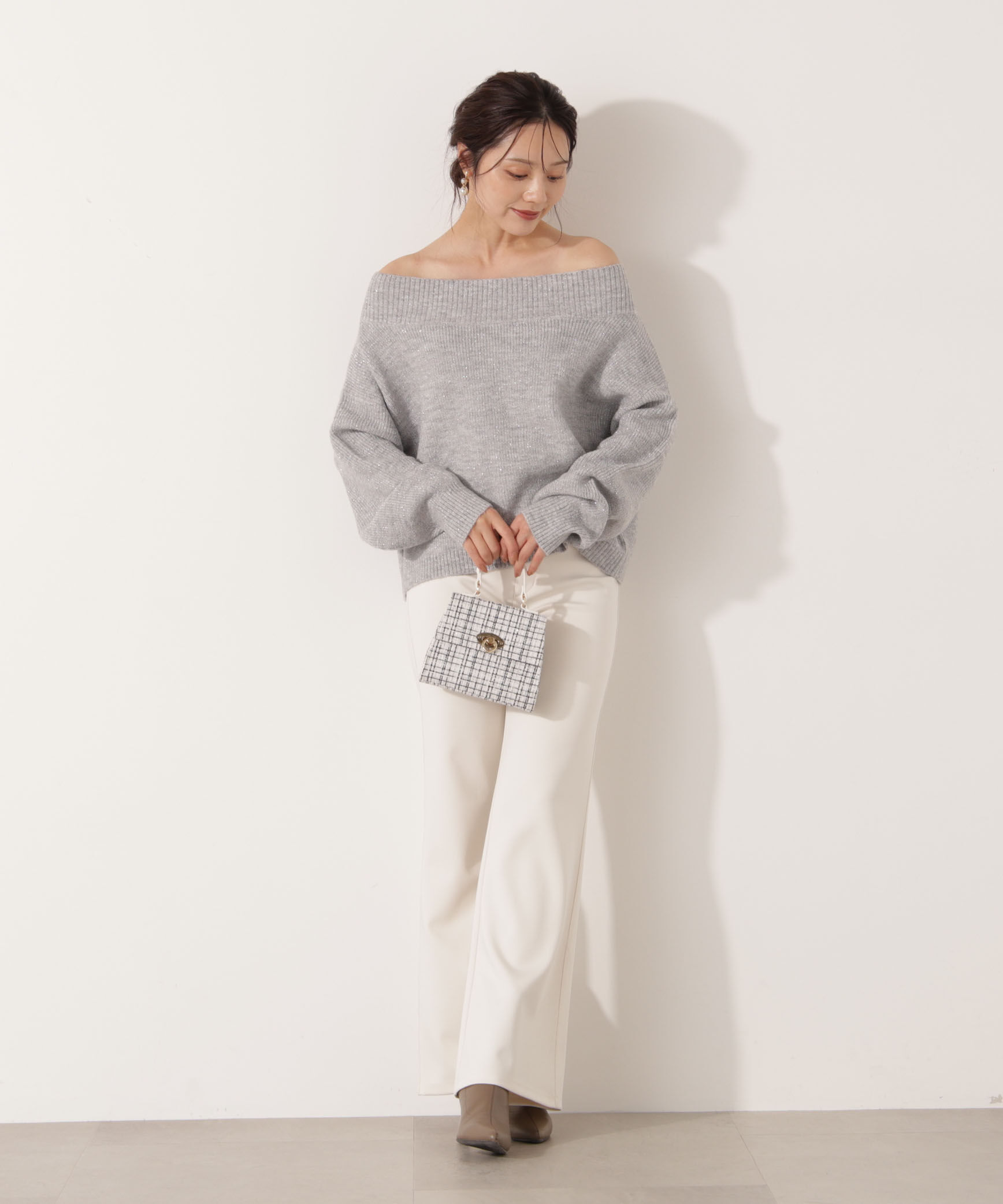 PROPORTION BODY DRESSING「ラメ入りオフショル畔ニット 25AW」|ニット・セーター|