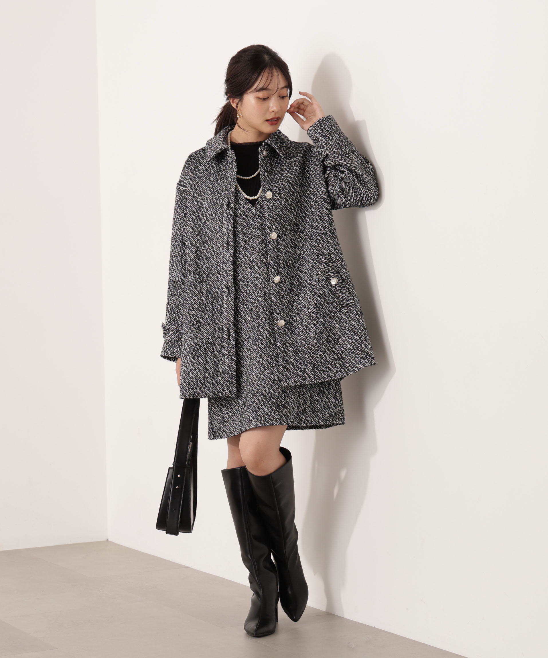 PROPORTION BODY DRESSING「金ボタン付きツイードミドルジャケット 25AW」|ブルゾン・スタジャン|