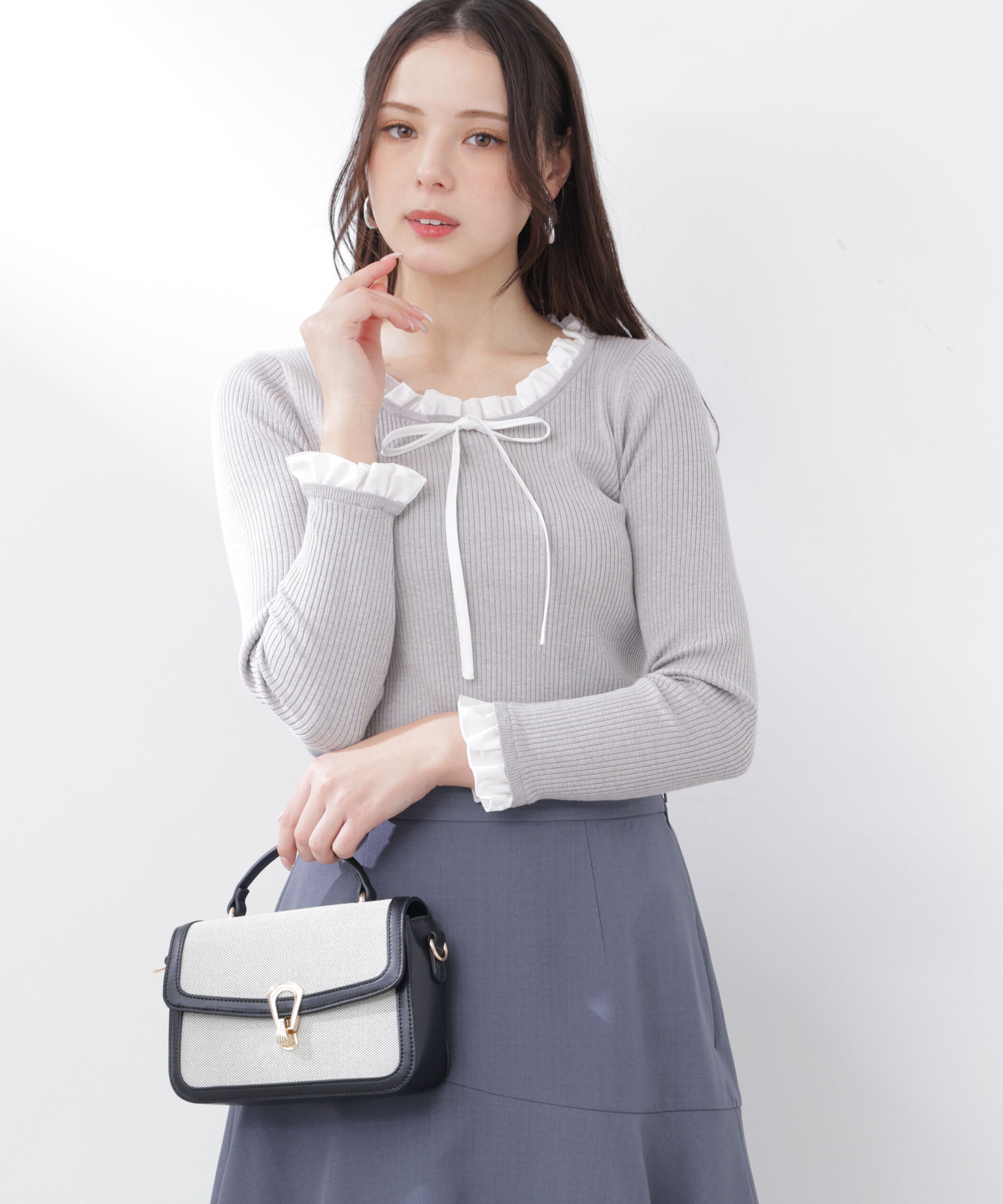 PROPORTION BODY DRESSING「リボン付きフリルニットトップス　26SS」|ニット・セーター|