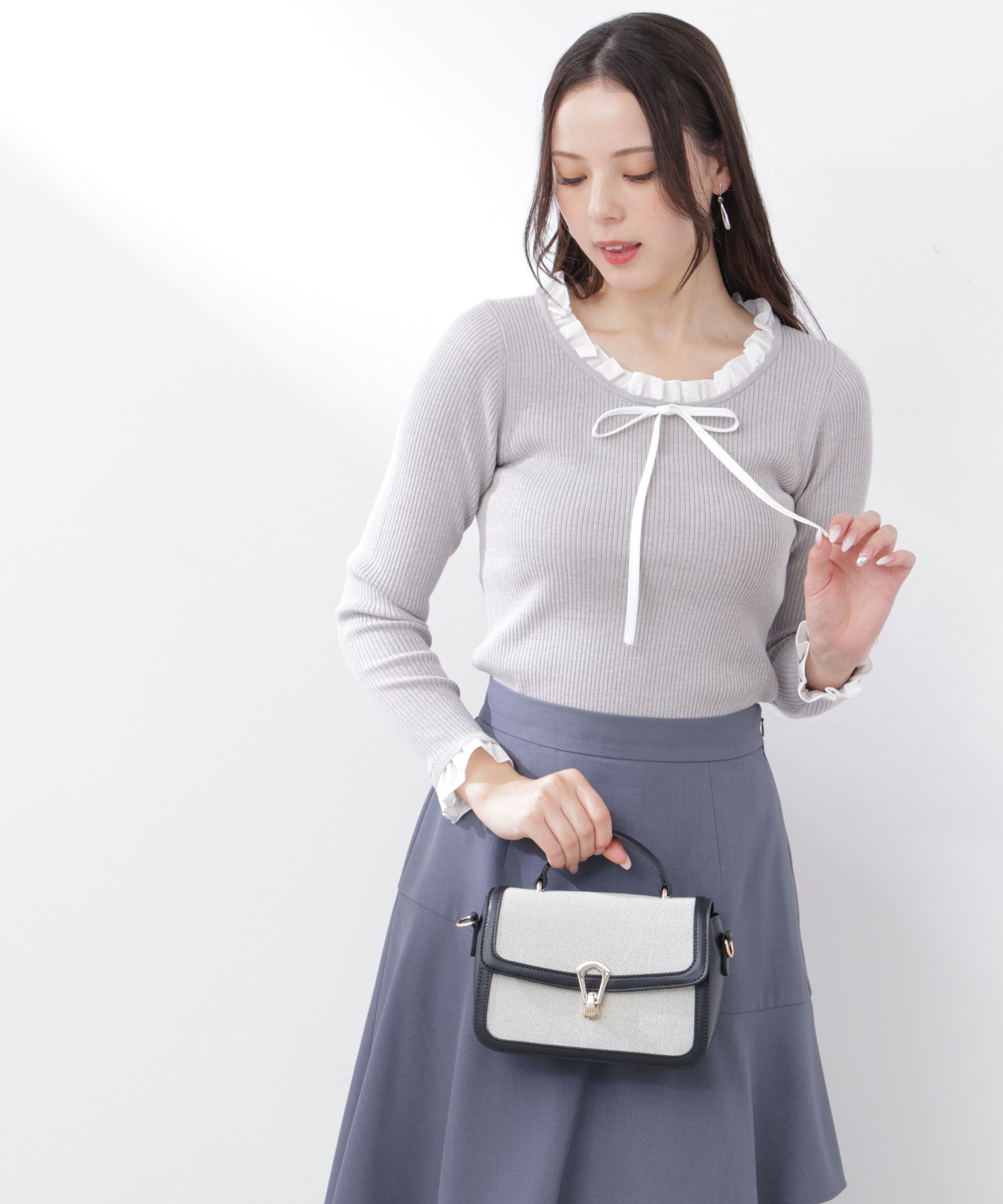 PROPORTION BODY DRESSING「リボン付きフリルニットトップス　26SS」|ニット・セーター|