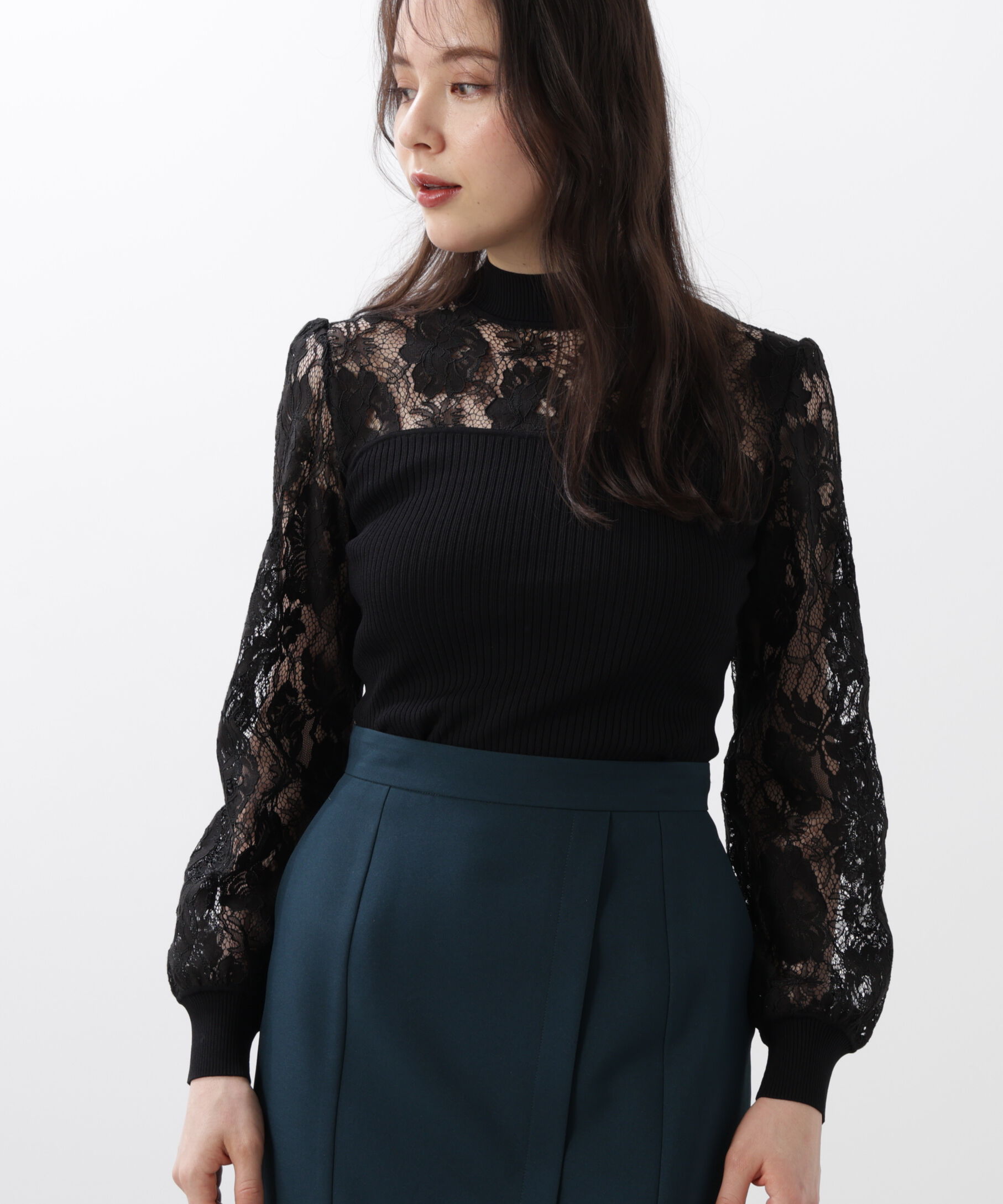  「◆レースコンビモックネックニットプルオーバー」|ニット・セーター|ブラック
