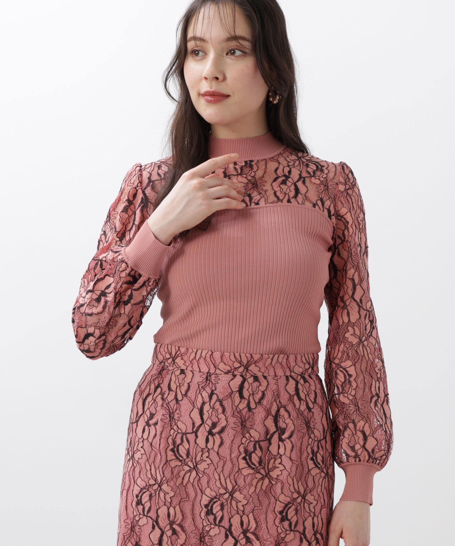  「◆レースコンビモックネックニットプルオーバー」|ニット・セーター|