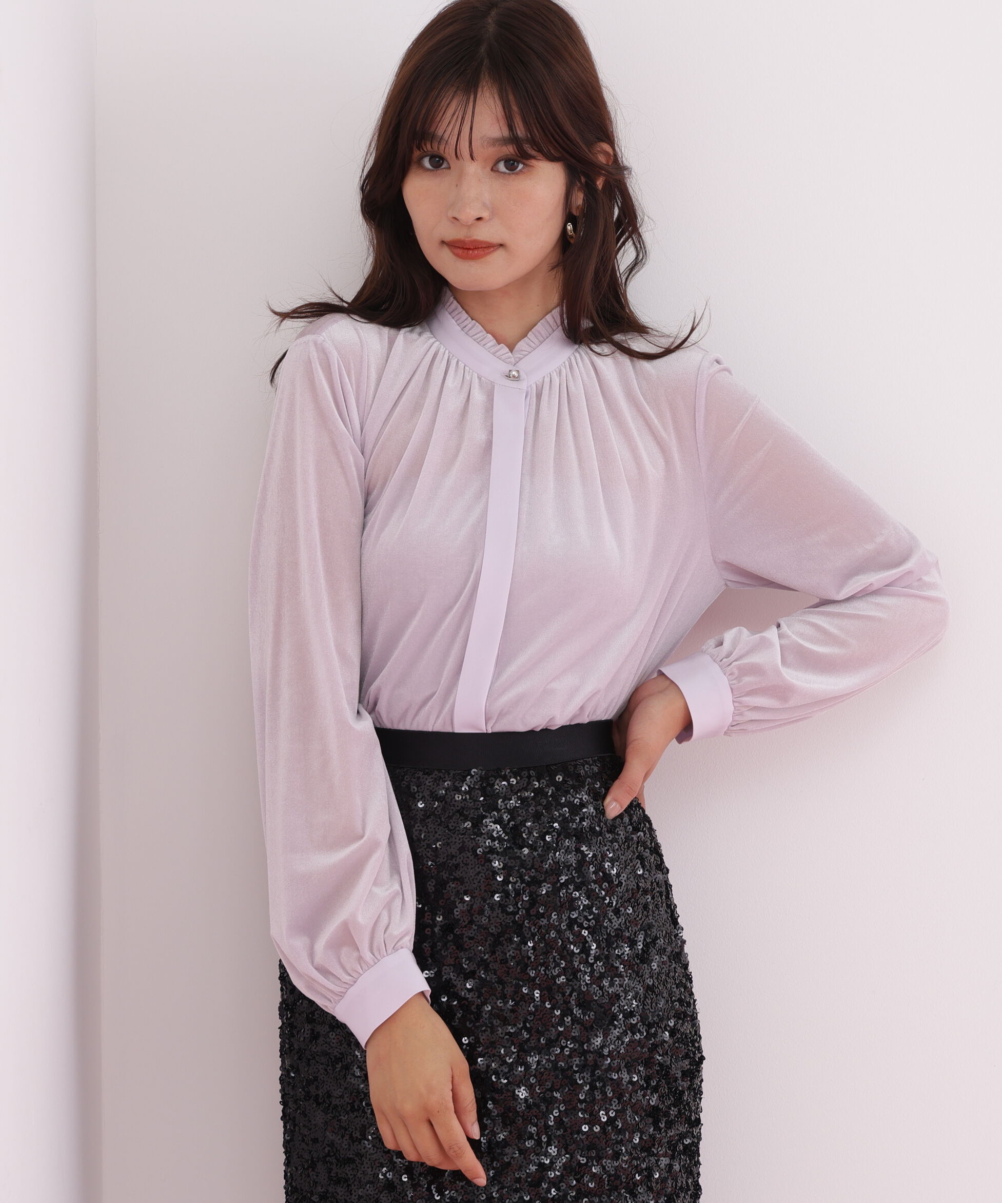  「◆ベルベットコンビギャザーブラウス」|シャツ・ブラウス|ラベンダー1
