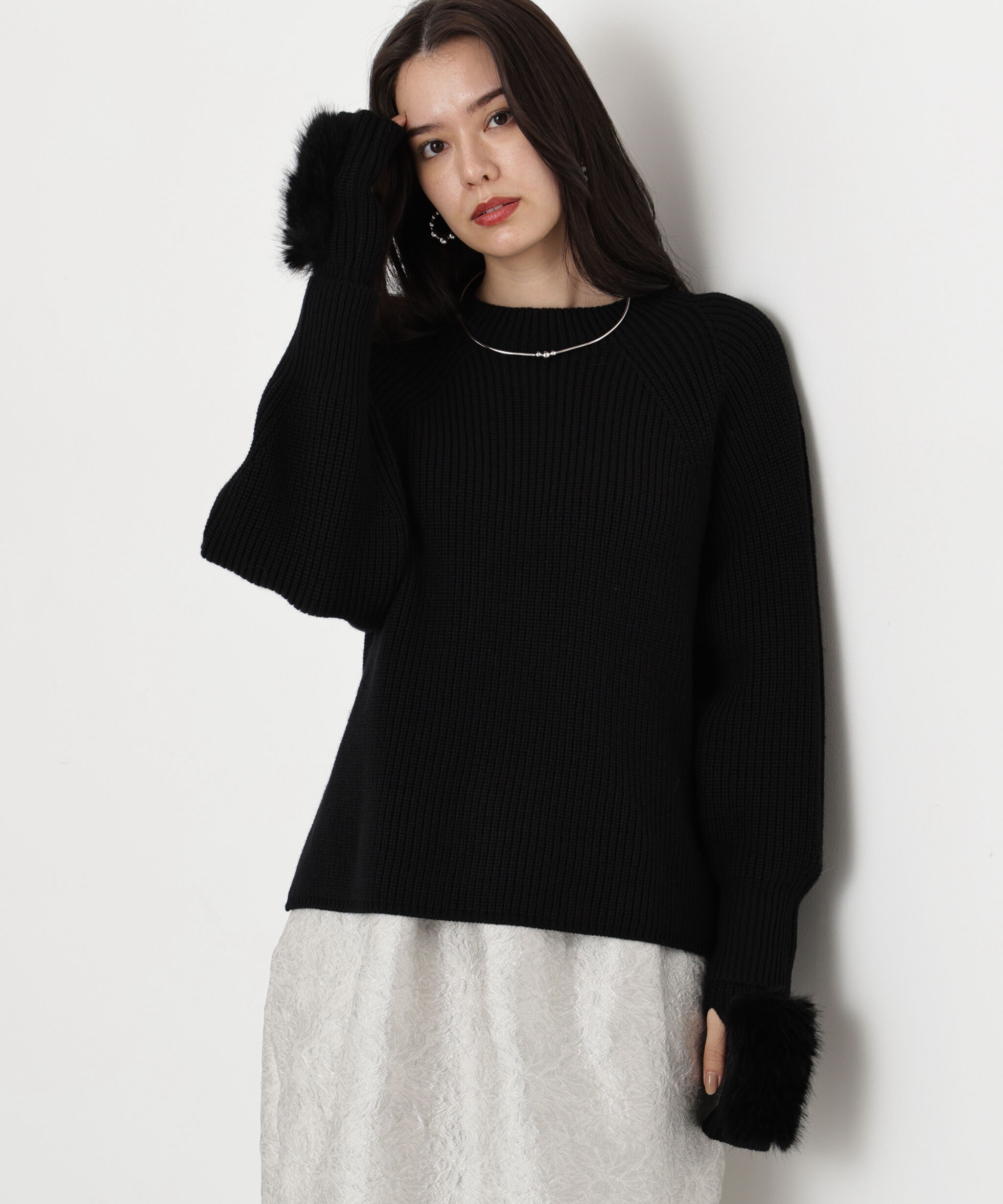  「◆ファーグローブ付き畦ニットプルオーバー」|ニット・セーター|ブラック