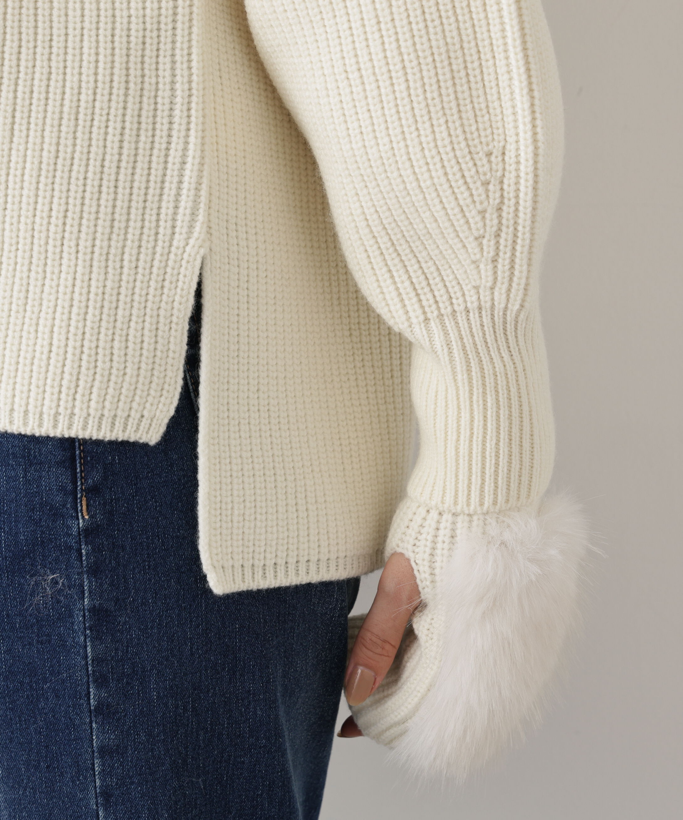  「◆ファーグローブ付き畦ニットプルオーバー」|ニット・セーター|