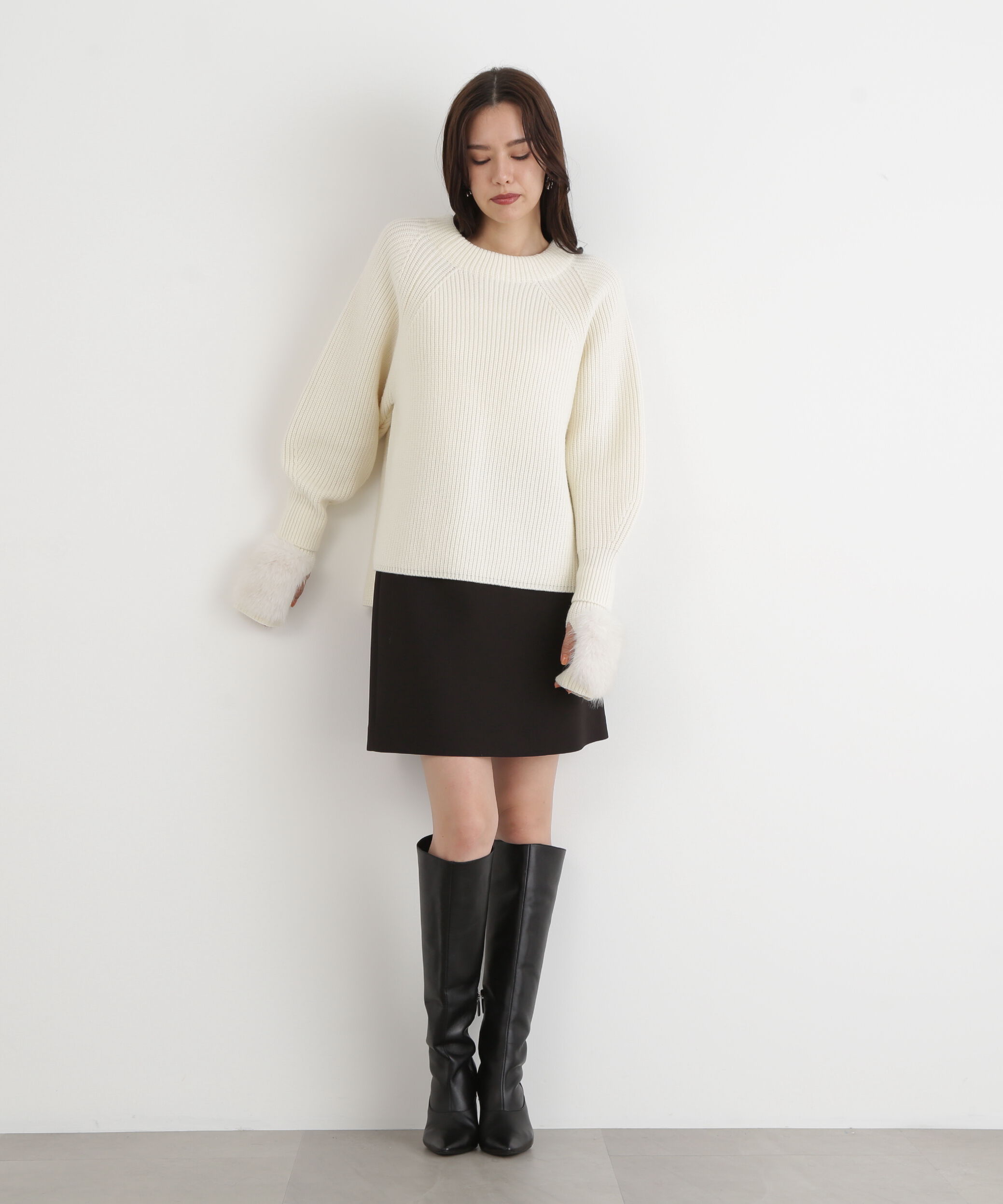  「◆ファーグローブ付き畦ニットプルオーバー」|ニット・セーター|