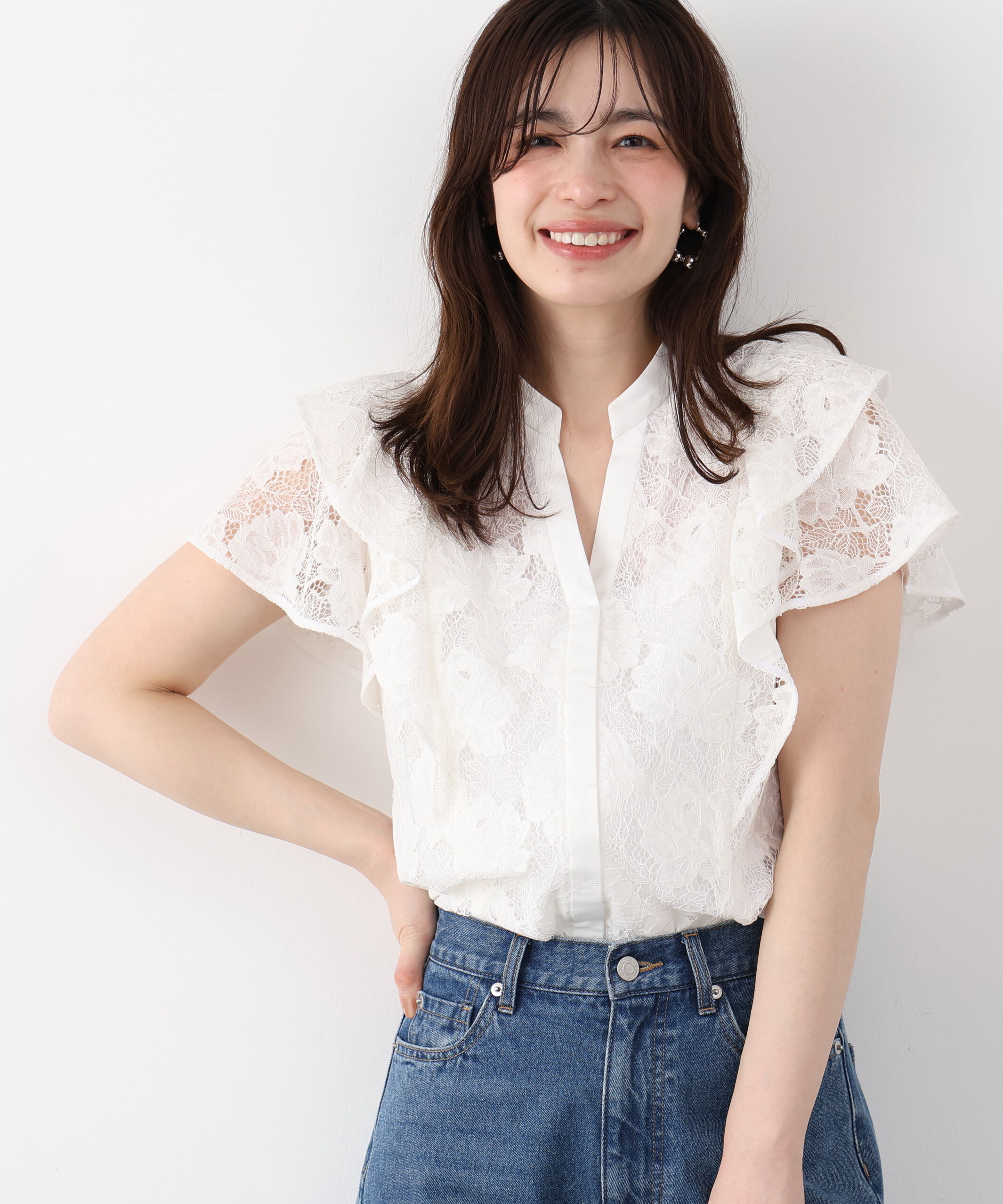  「フラワーレースコンビブラウス」|シャツ・ブラウス|ホワイト