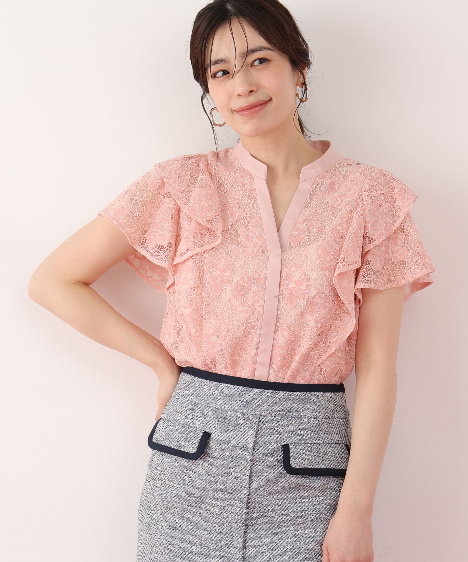  「フラワーレースコンビブラウス」|シャツ・ブラウス|ピンク