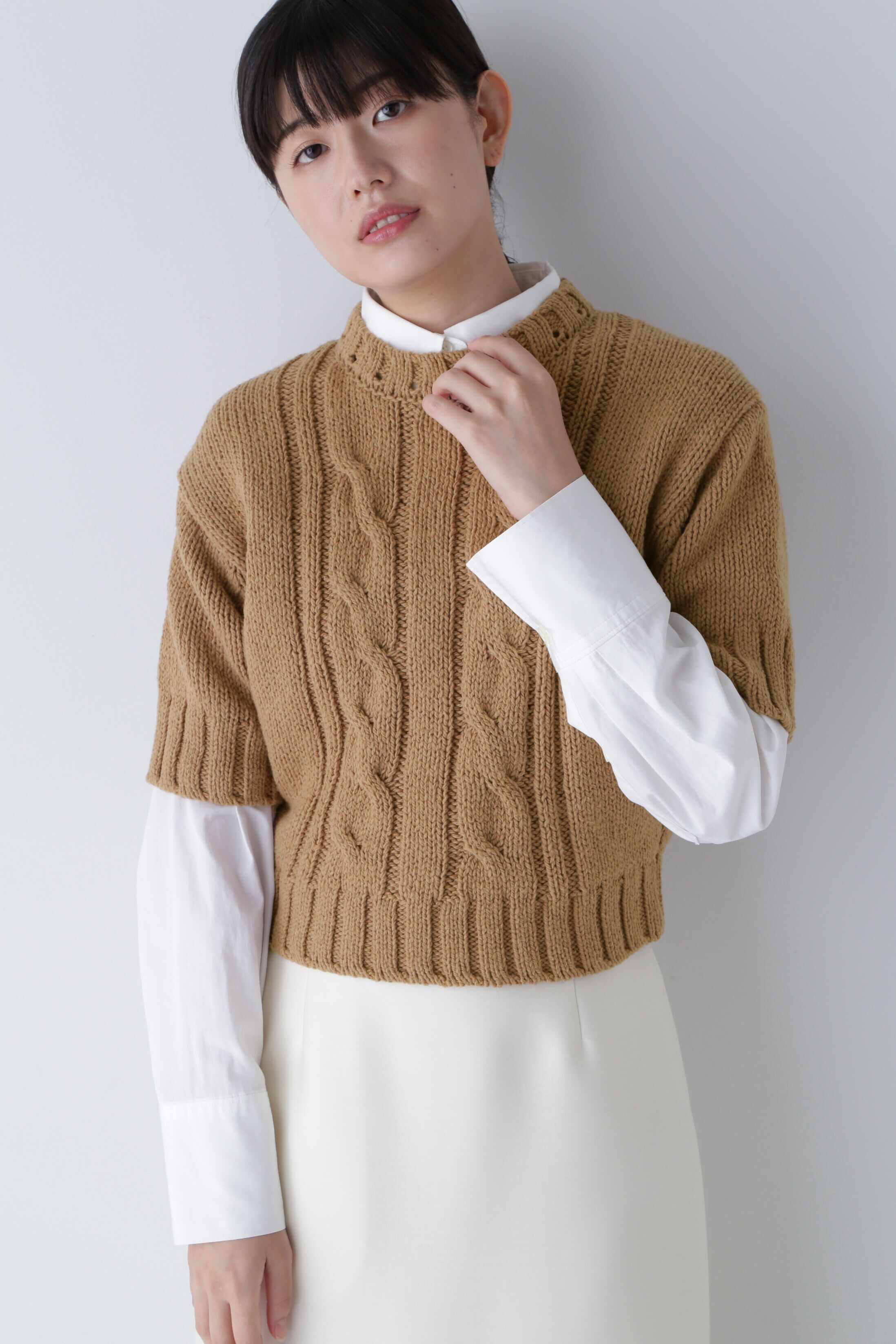 「◆ハーフスリーブ　ブークレニットプルオーバー」|ニット・セーター|キャメル1