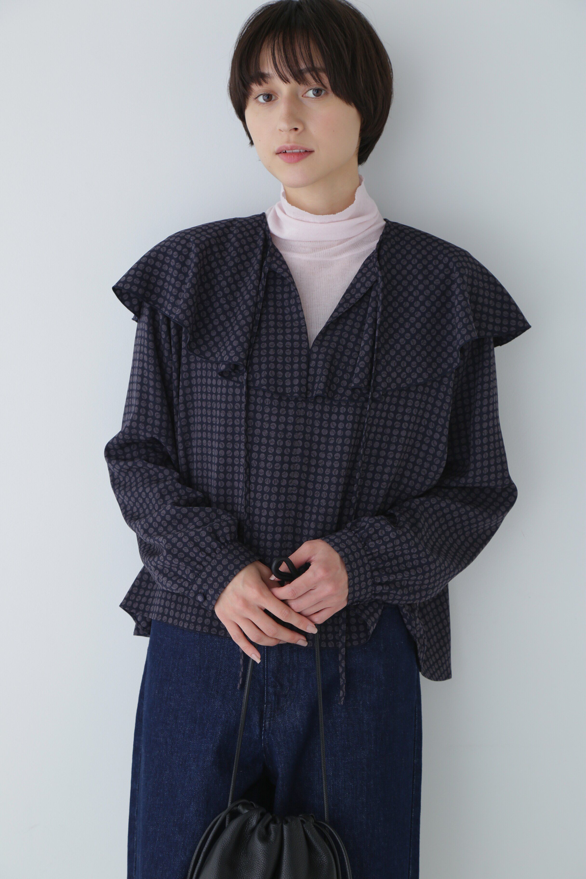  「◆ドットプリント襟付きブラウス」|シャツ・ブラウス|ネイビー&times;グ  3