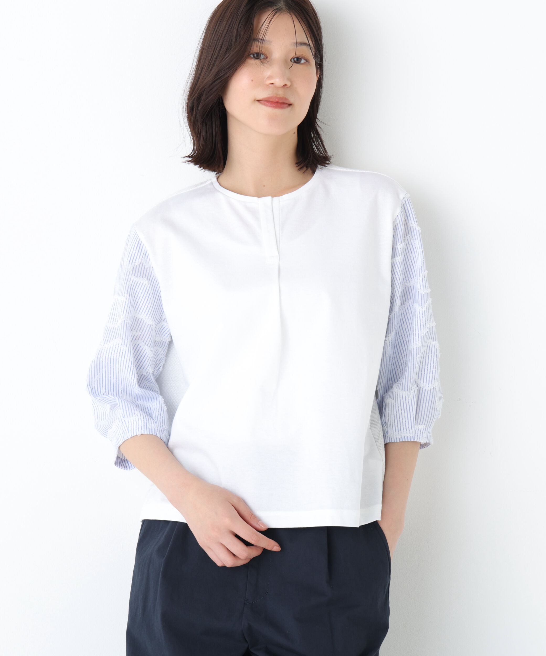  「◆カットジャガードストライプトップス」|Tシャツ・カットソー|ブルー