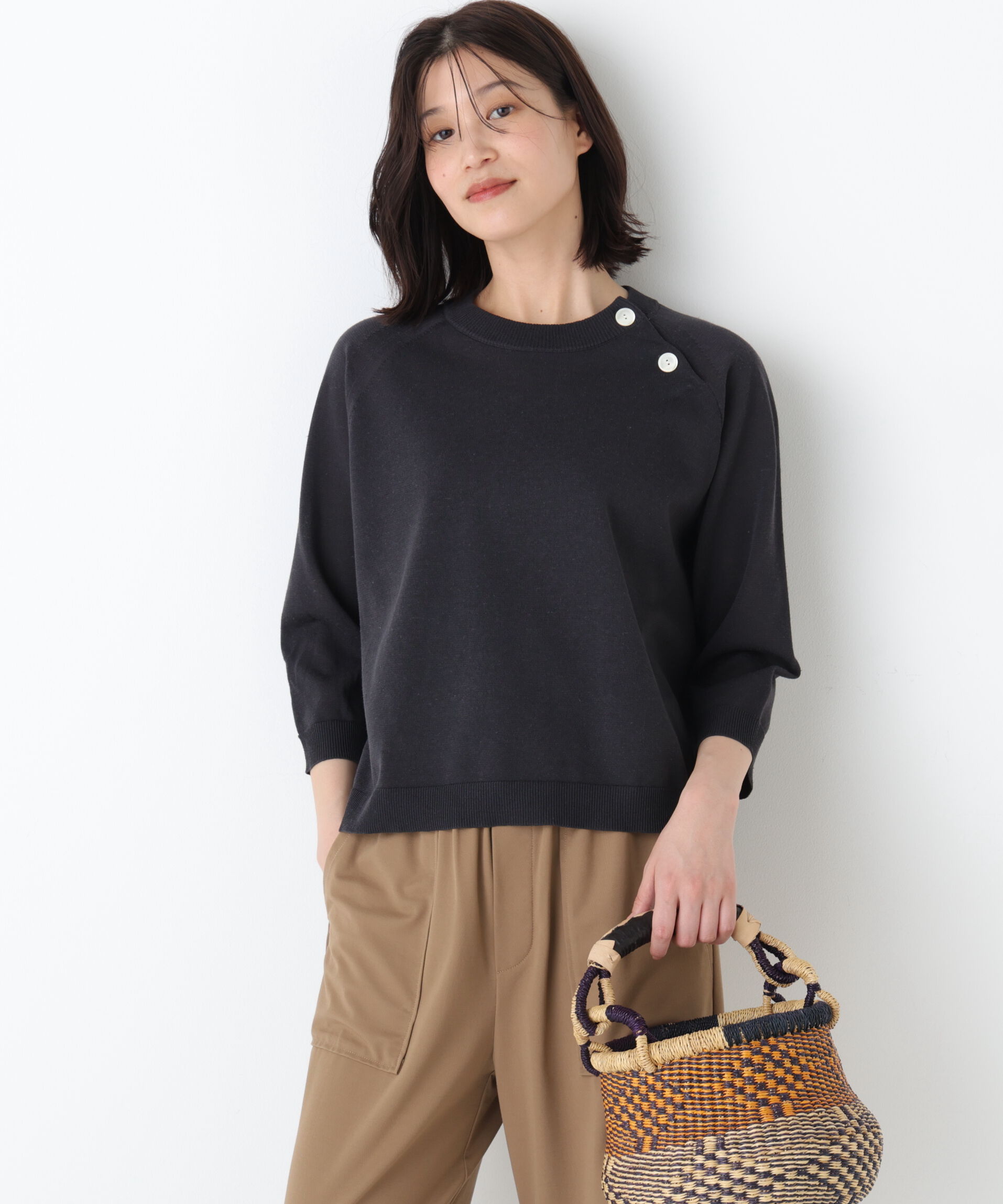  「◆ハイゲージニット６分袖ボタンプルオーバー」|ニット・セーター|