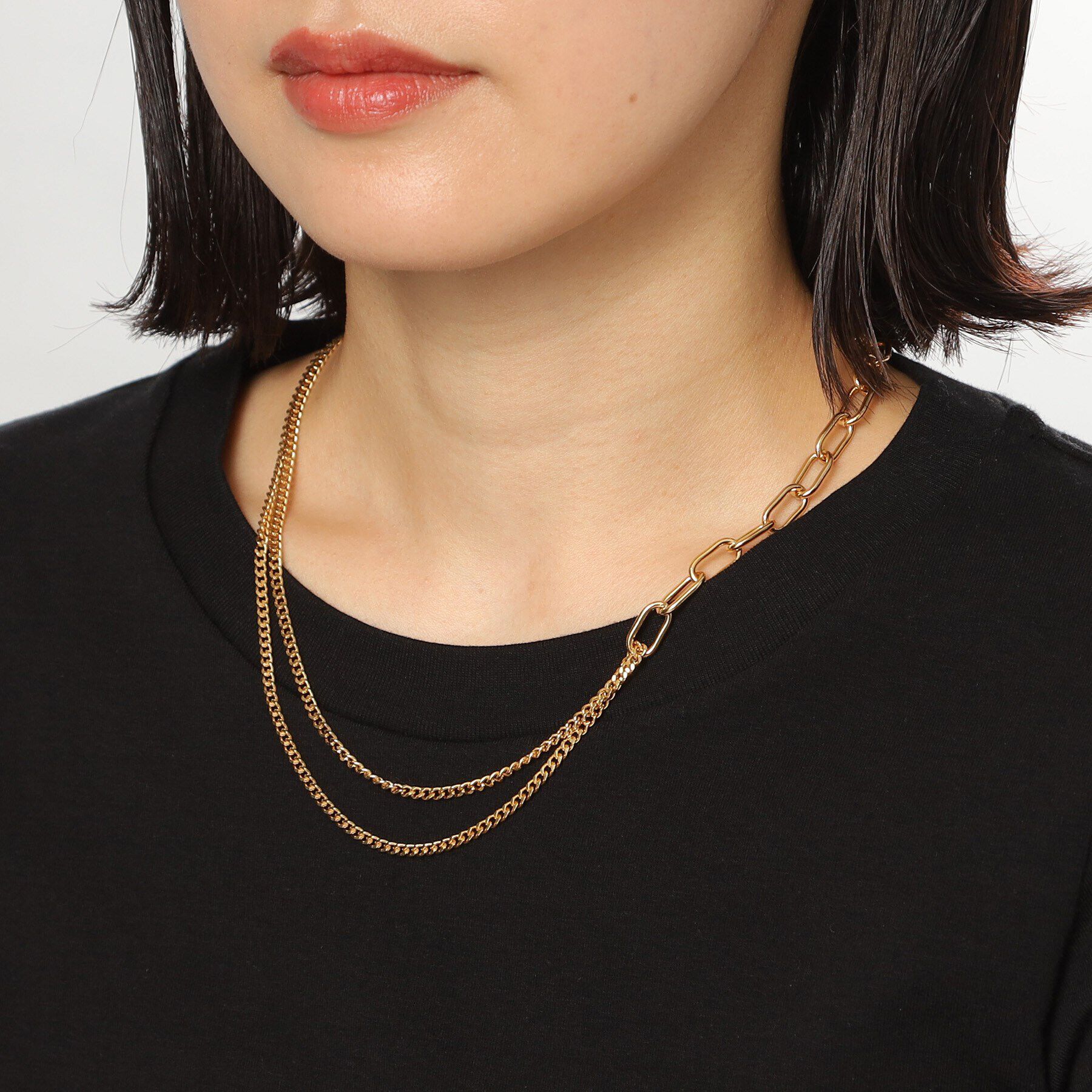 COCOSHNIK ONKITSCH「シルバー ミックスチェーン ケーブルカーブ ドレープ ネックレス GP」|ネックレス|