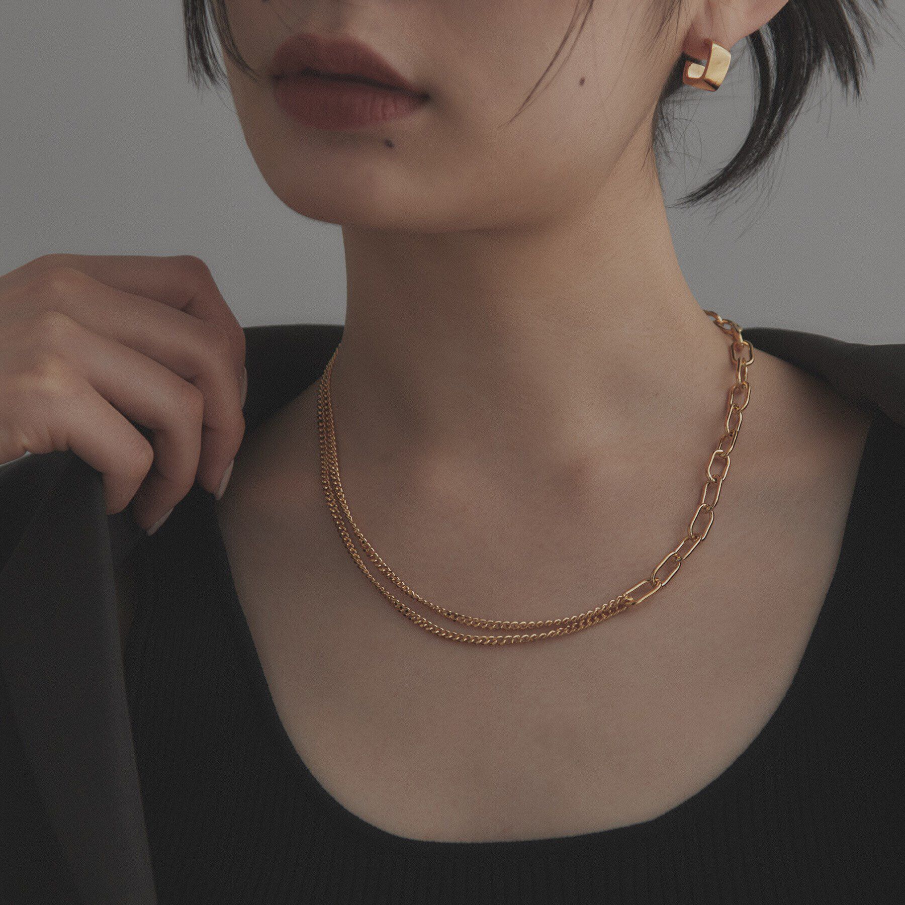 COCOSHNIK ONKITSCH「シルバー ミックスチェーン ケーブルカーブ ドレープ ネックレス GP」|ネックレス|