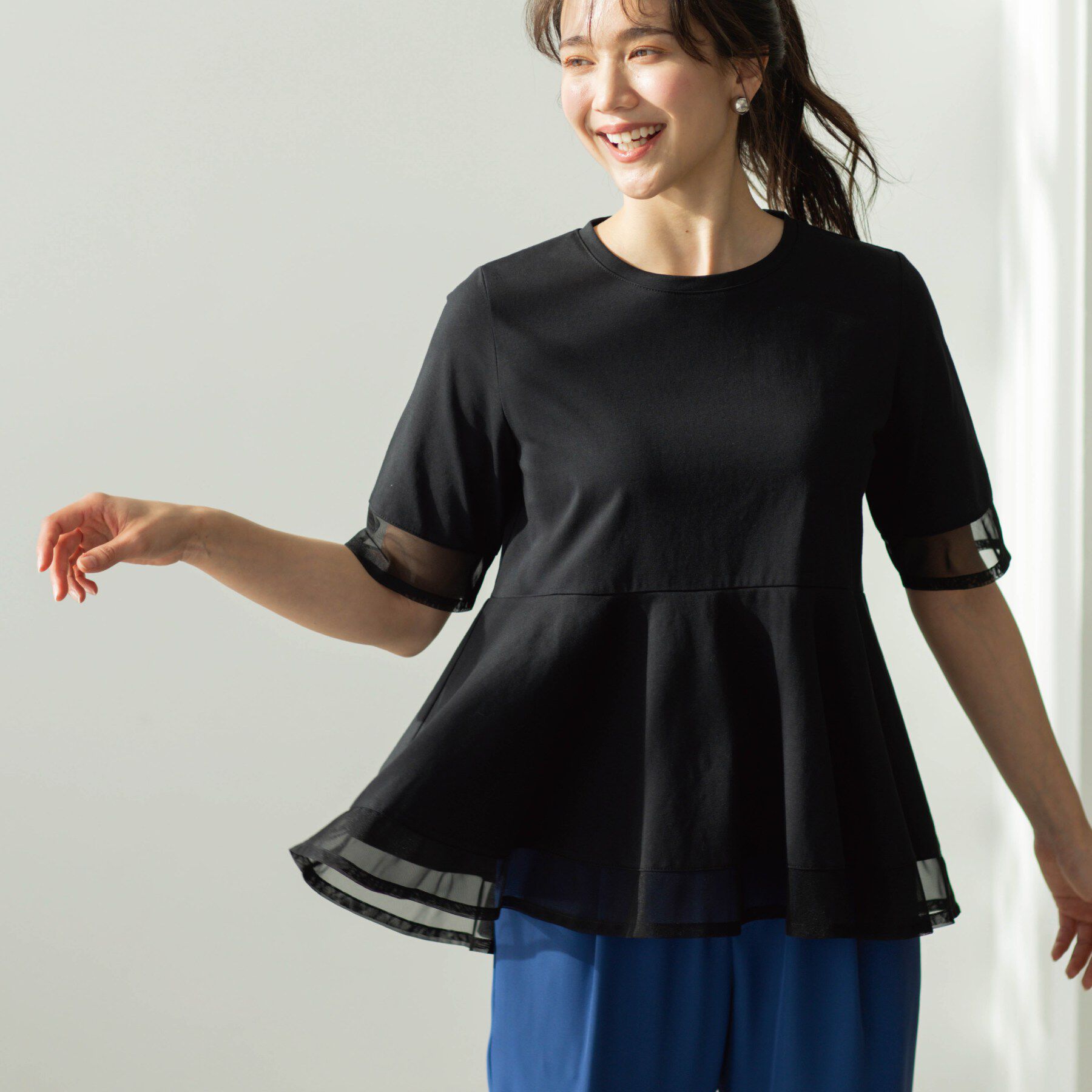 SHOO･LA･RUE「チュールレイヤードペプラムＴシャツ」|Tシャツ・カットソー|ブラック(019)