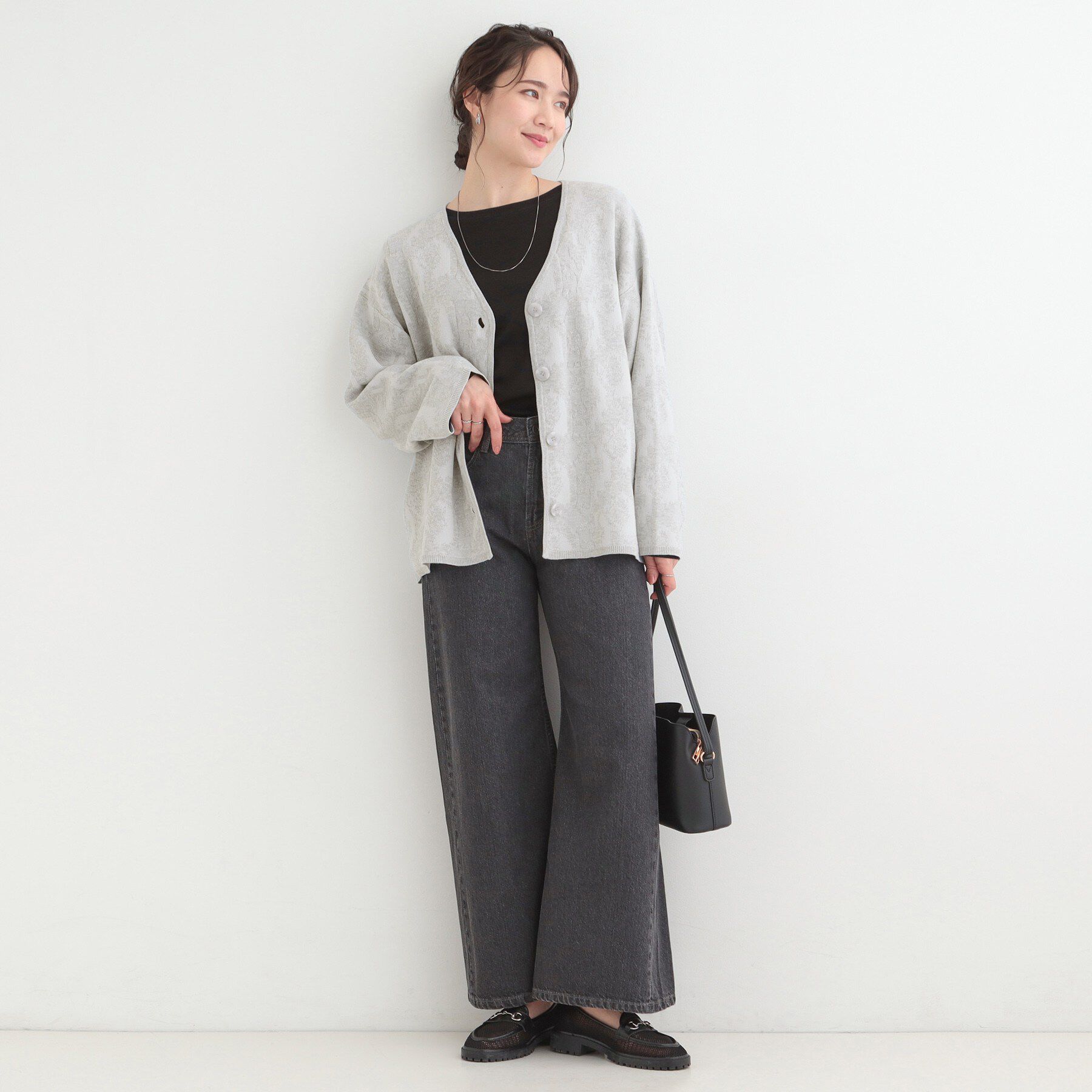 SHOO･LA･RUE「【洗濯機可/S-LL】幾何柄風デザインがアクセント ゆるVネックカーディガン」|カーディガン|