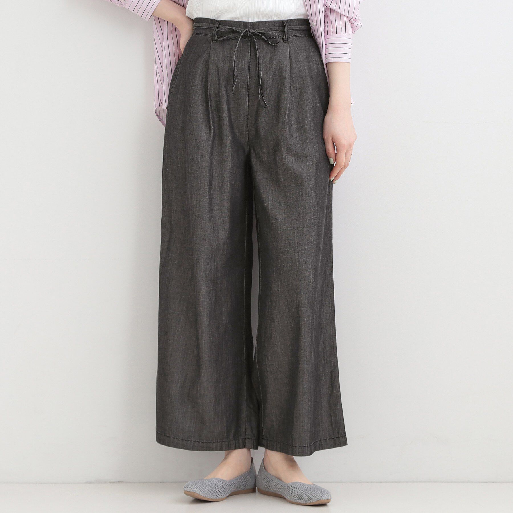 SHOO･LA･RUE「【着丈選べる/ひんやり/S-LL】ウエストリボンがポイント　デニムワイドイージーパンツ」|その他|ブラック(019)