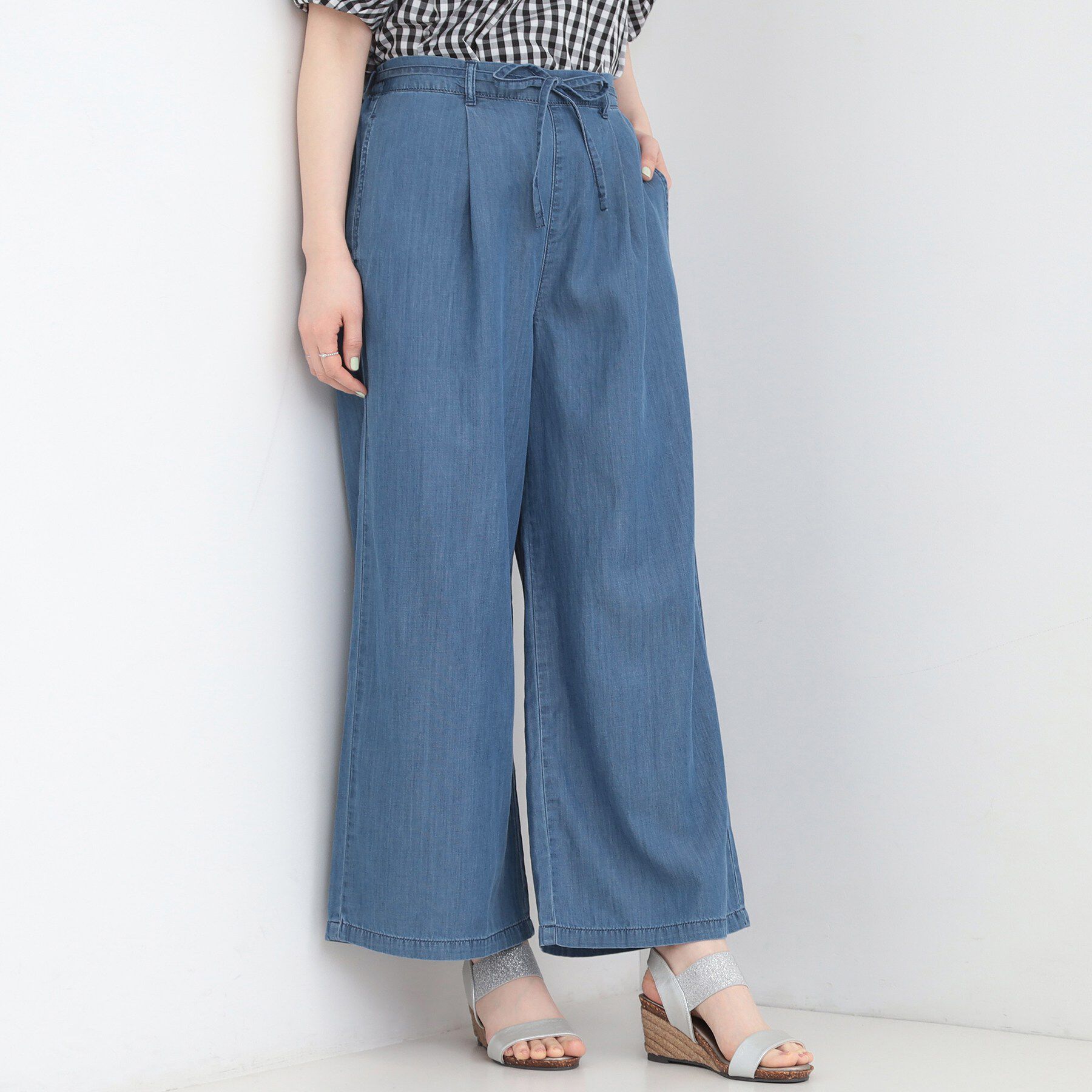 SHOO･LA･RUE「【着丈選べる/ひんやり/S-LL】ウエストリボンがポイント　デニムワイドイージーパンツ」|その他|ブルー(093)
