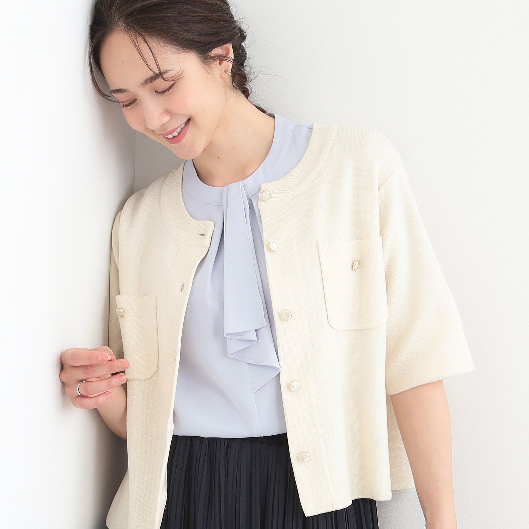 SHOO･LA･RUE「【S-LL/洗濯機可】金ボタン5分袖カーディガン」|カーディガン|オフホワイト(003