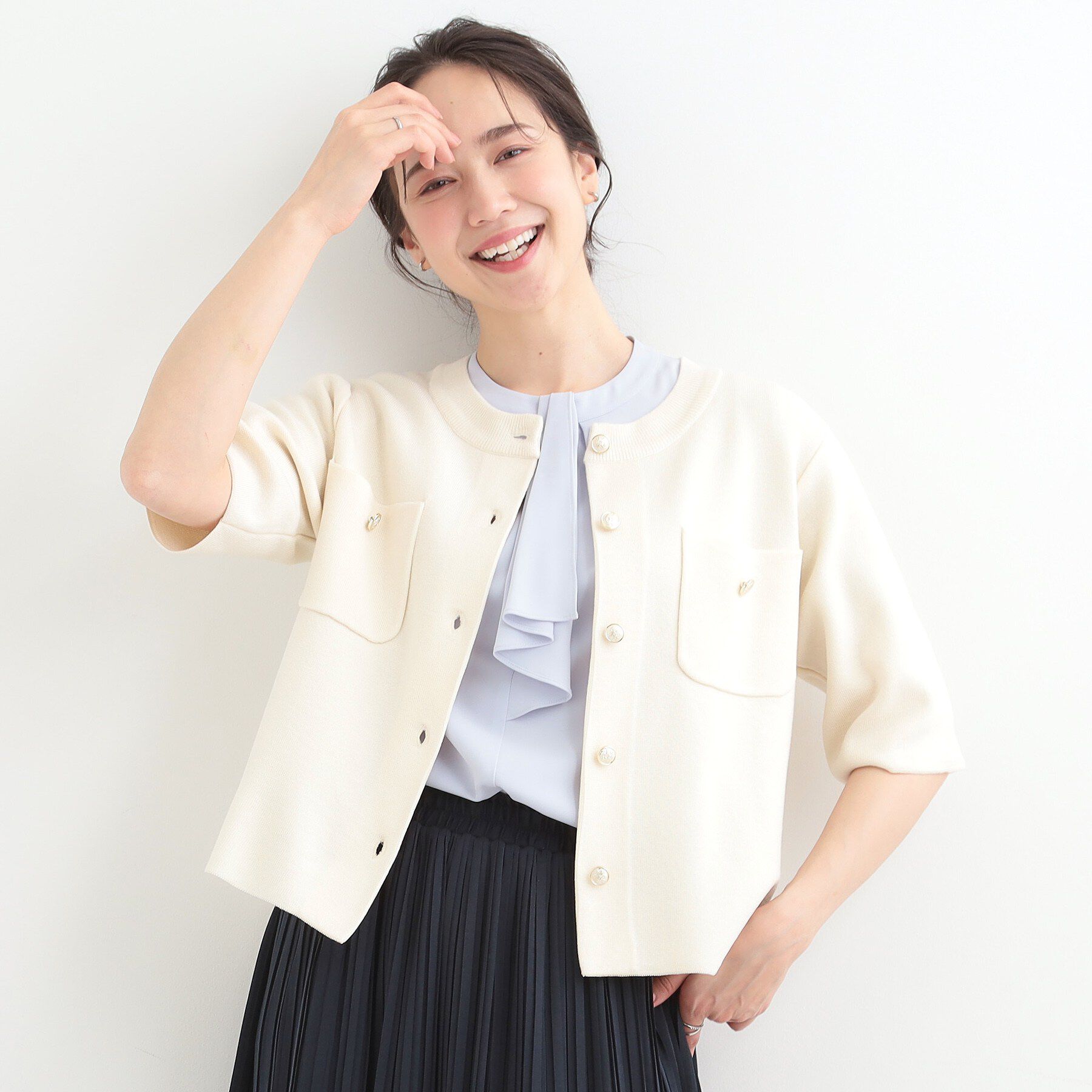 SHOO･LA･RUE「【S-LL/洗濯機可】金ボタン5分袖カーディガン」|カーディガン|