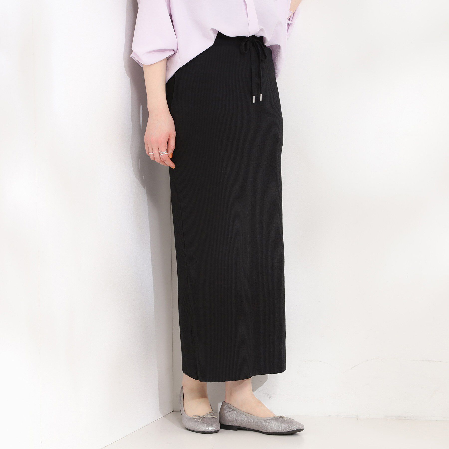 SHOO･LA･RUE「【セルフカット可能/洗濯機可/S-LL】テレコナロースカート」|スカート|ブラック(019)