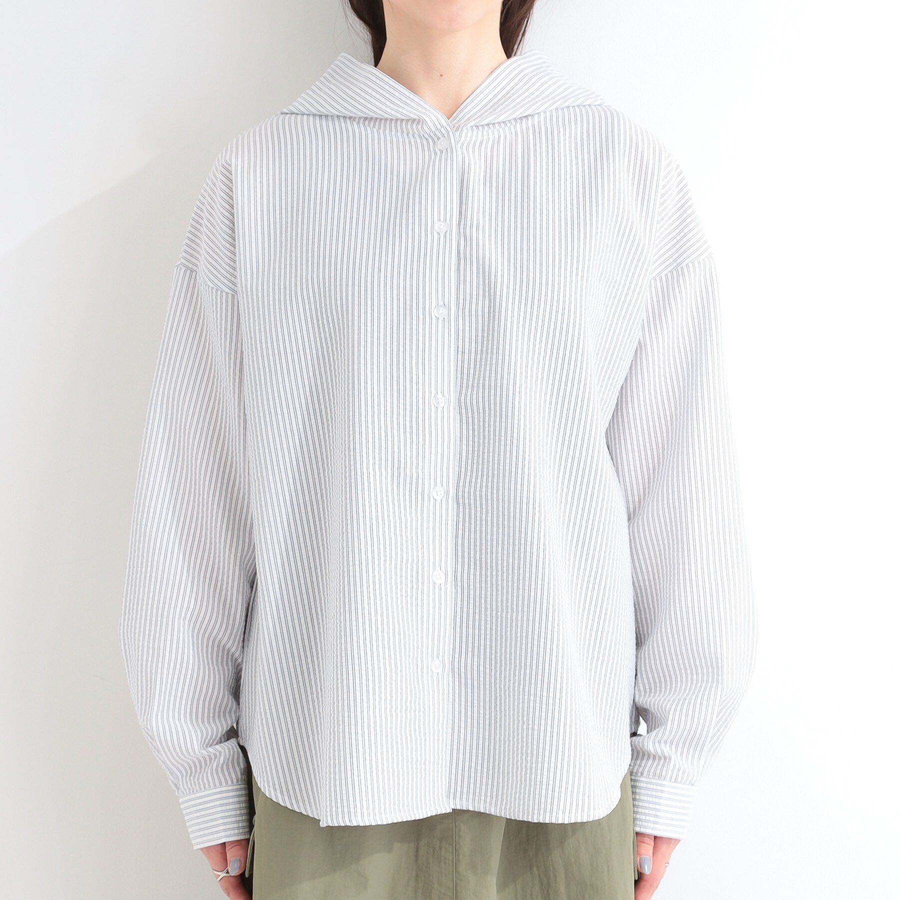 SHOO･LA･RUE「【洗濯機可/S-LL】体型カバーも叶う フード付きストライプシャツ」|シャツ・ブラウス|