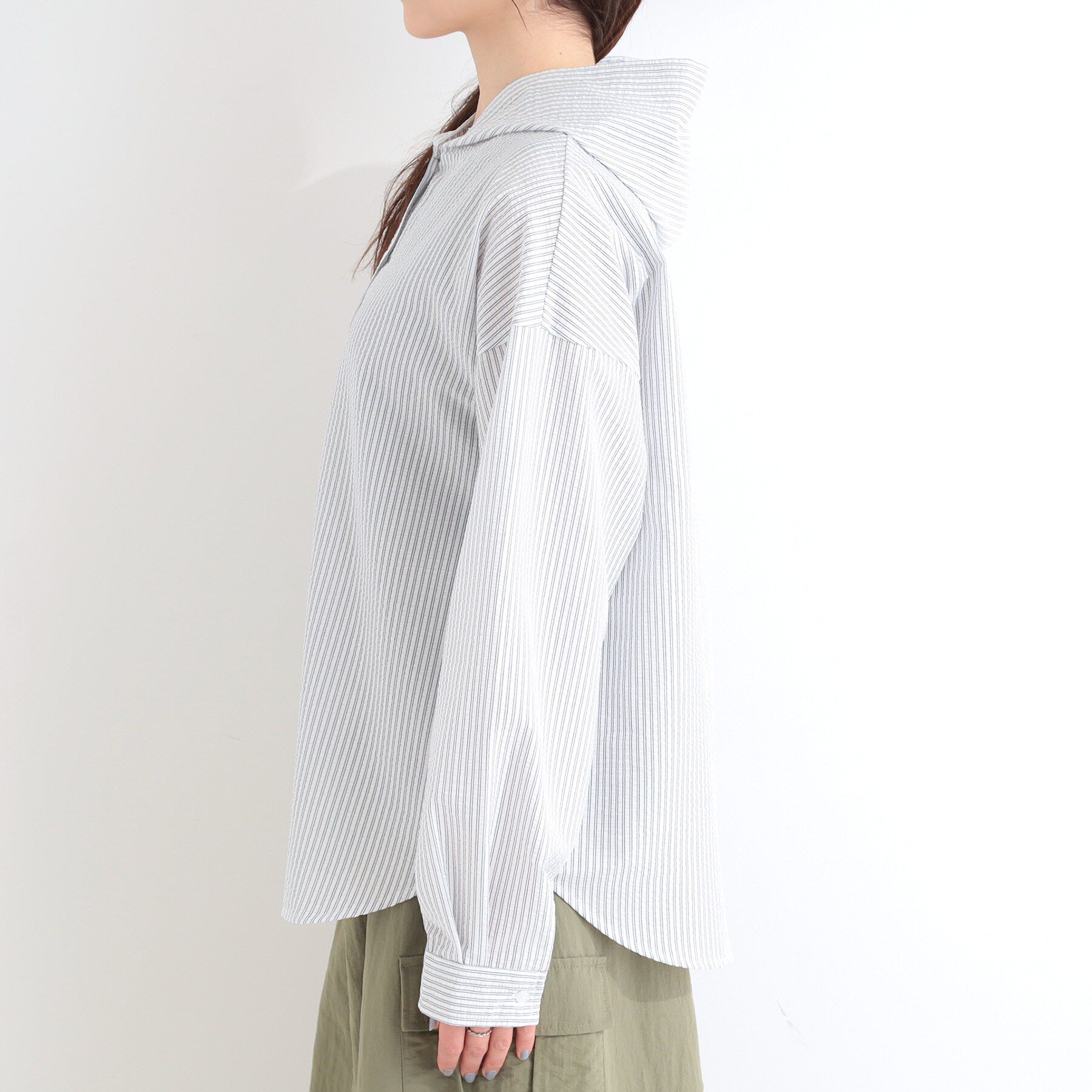 SHOO･LA･RUE「【洗濯機可/S-LL】体型カバーも叶う フード付きストライプシャツ」|シャツ・ブラウス|