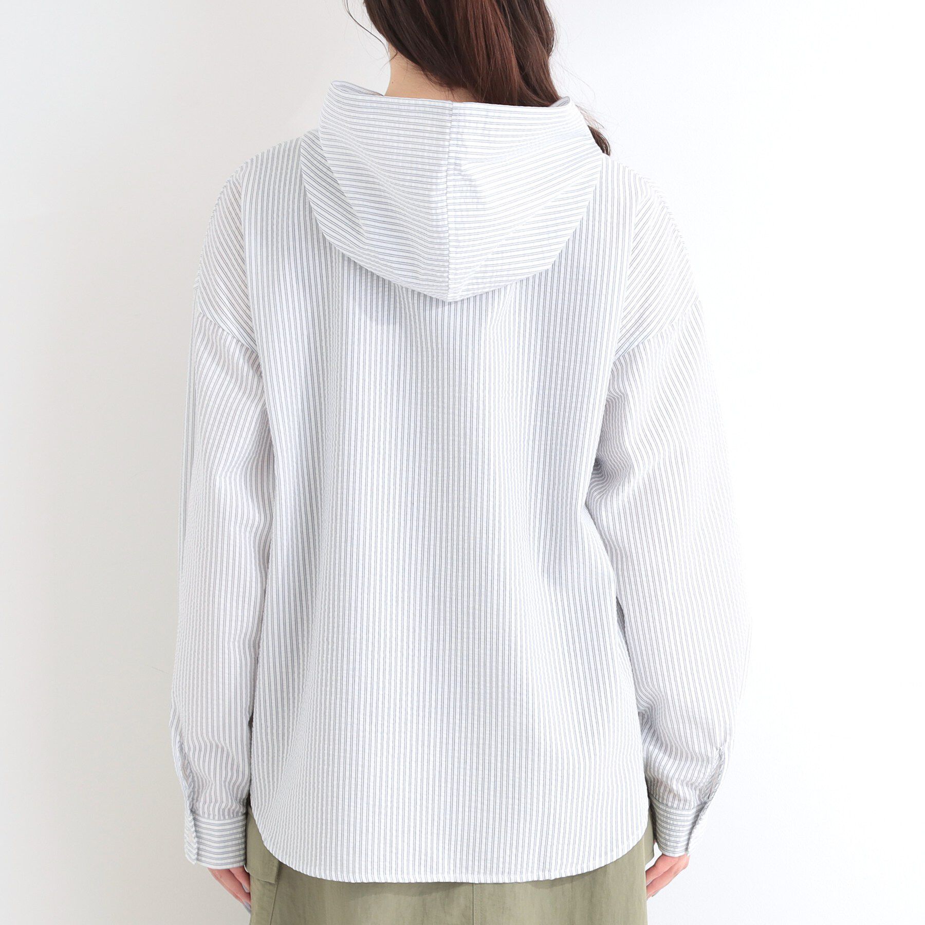 SHOO･LA･RUE「【洗濯機可/S-LL】体型カバーも叶う フード付きストライプシャツ」|シャツ・ブラウス|