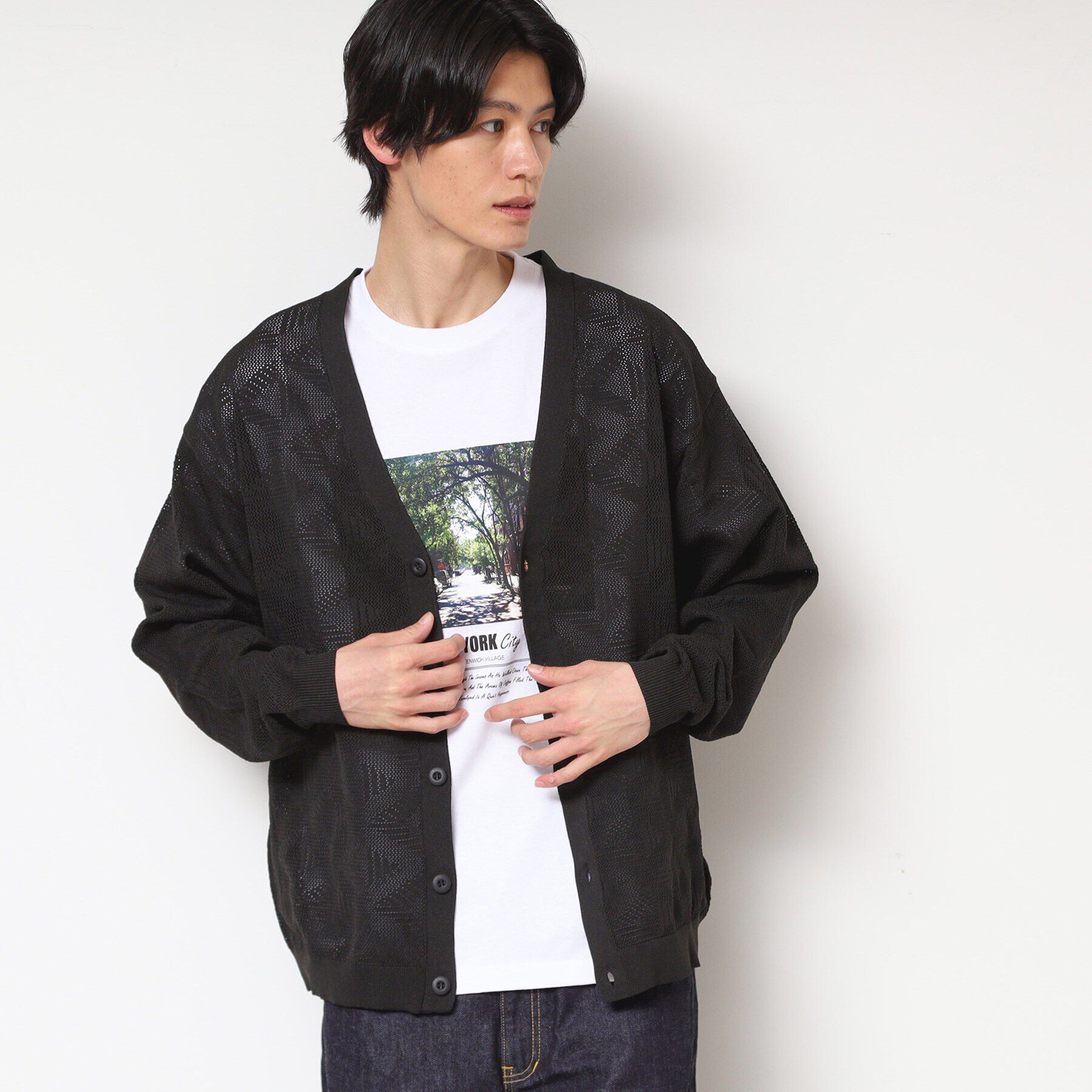 Dessin「【UV・洗える】透け柄ニットカーディガン」|カーディガン|ブラック(019)