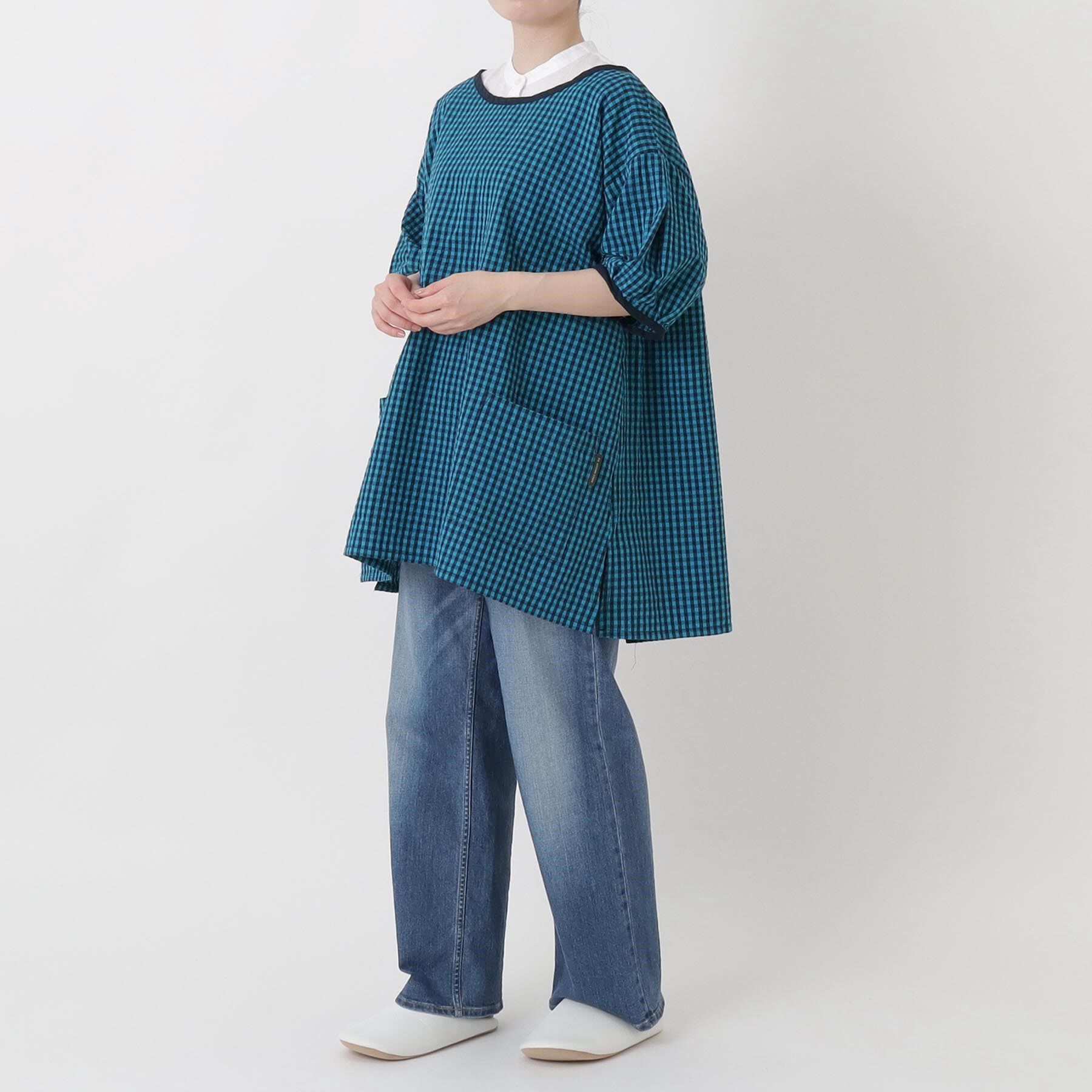 212 KITCHEN STORE「ギンガムサッカー半袖かっぽう着 BL」|食器・キッチングッズ|