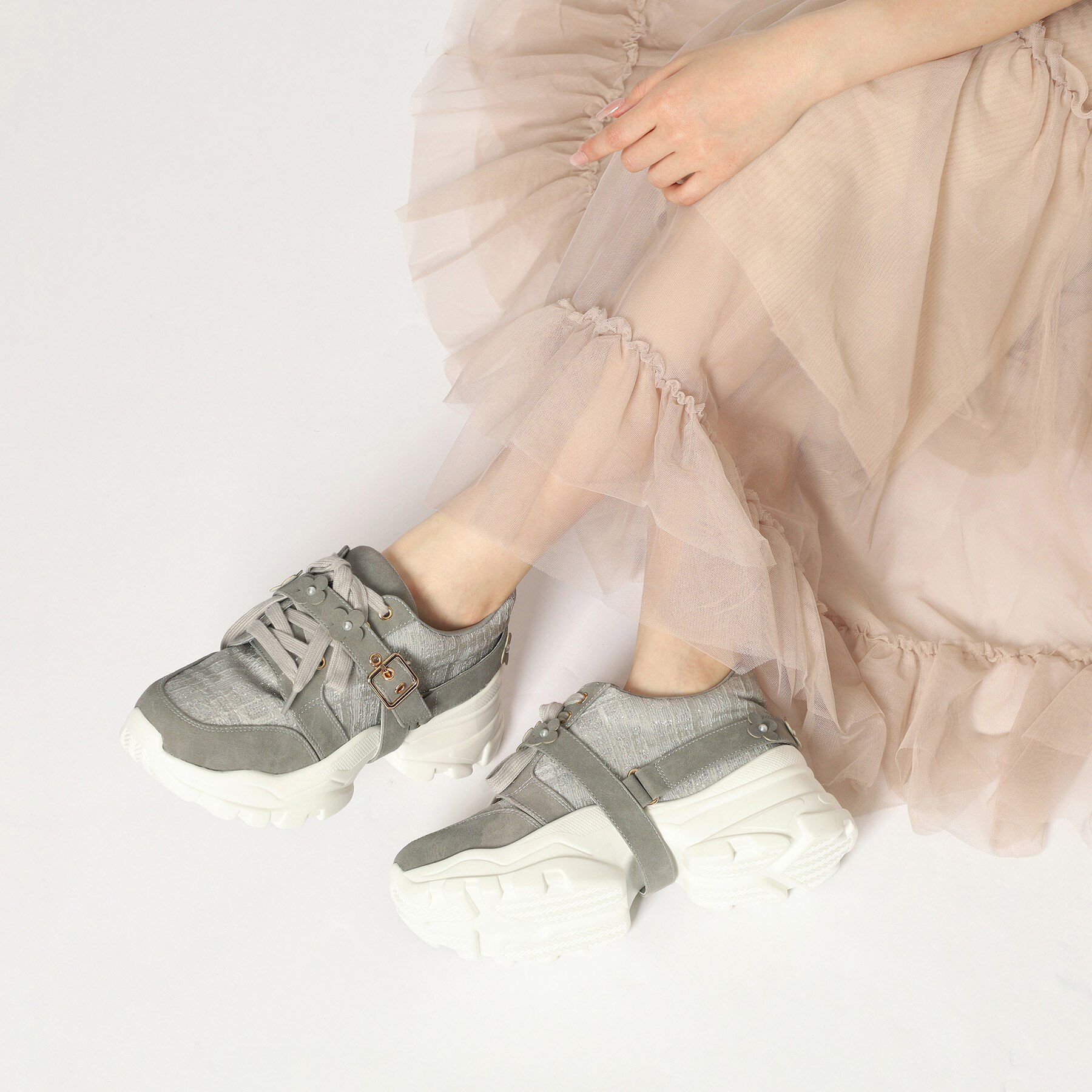 ESPERANZA「ツイード風フラワーベルト厚底スニーカー」|スニーカー|
