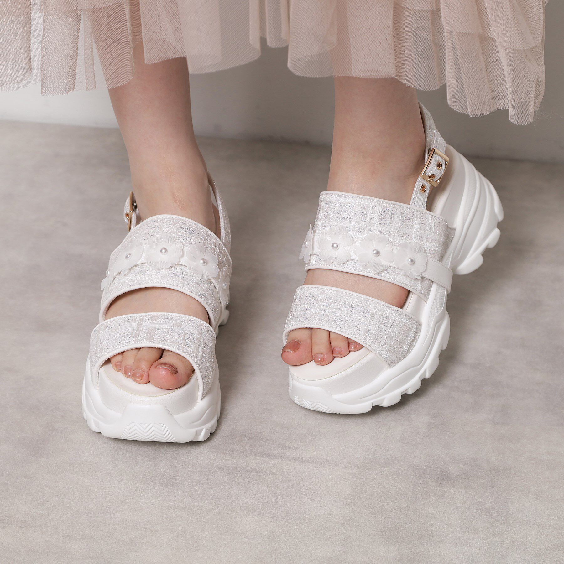 ESPERANZA「ツイード風フラワーベルトスポサン」|サンダル|