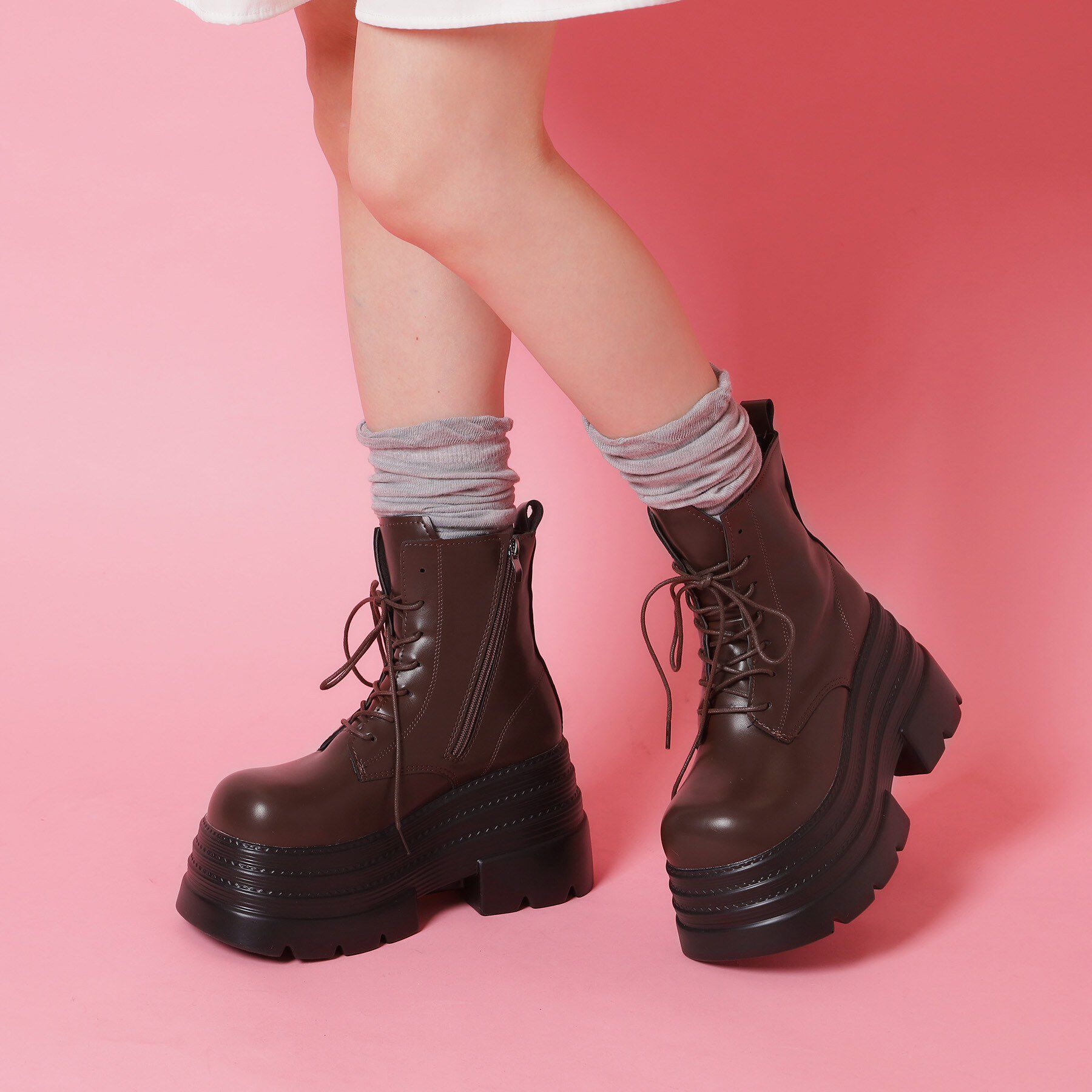 csT&P「厚底レースアップ」|ショートブーツ|ブラウン(043)