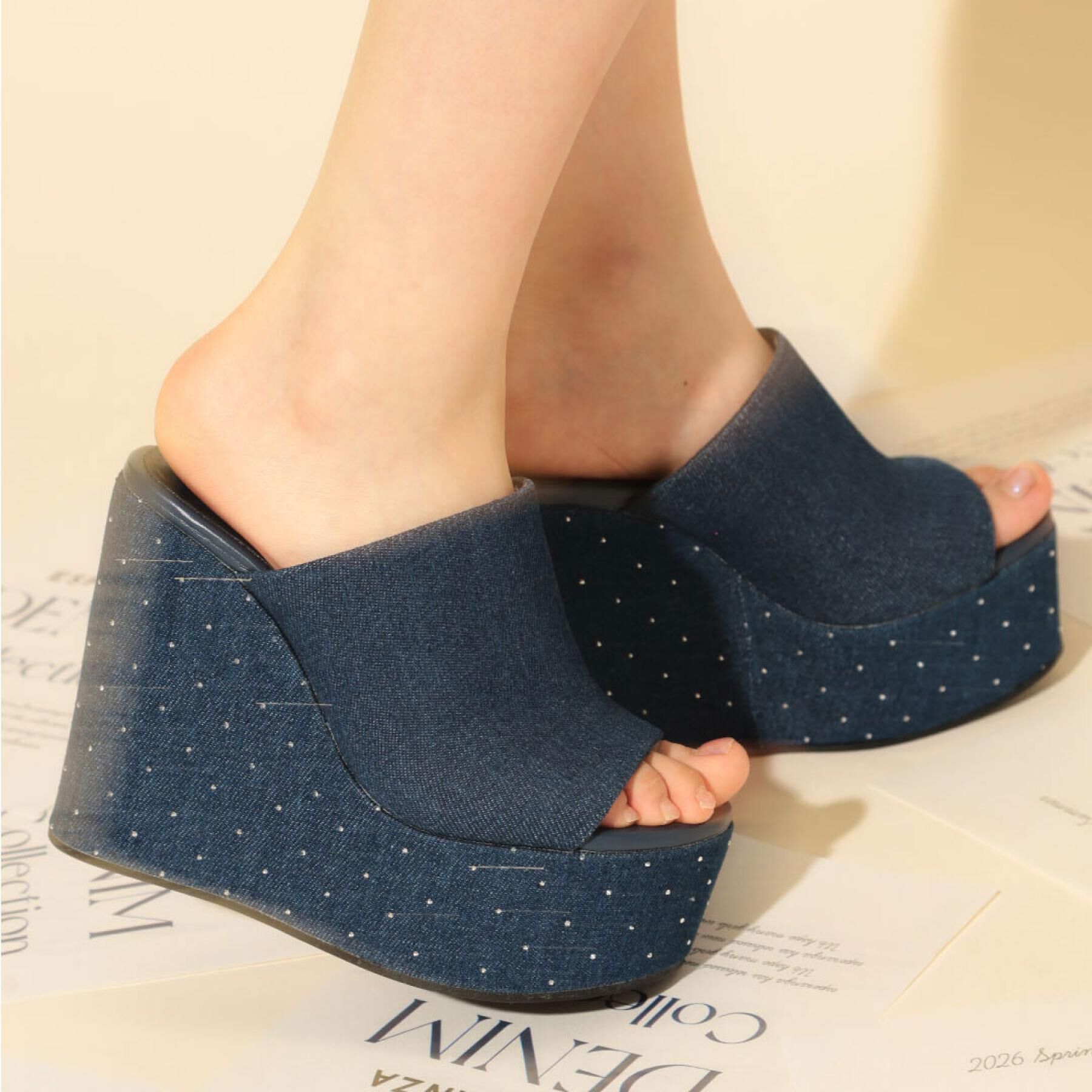 ESPERANZA「ラインストーンウエッジミュール」|サンダル|デニム(393)