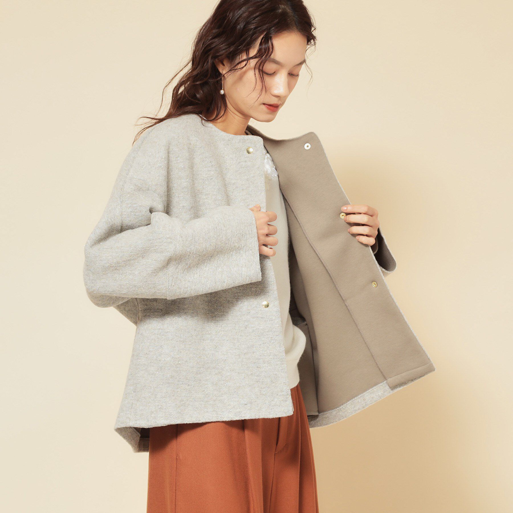 SunaUna「【ショート丈】ノーカラーライトアウター」|ブルゾン・スタジャン|