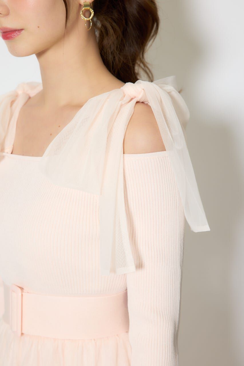rienda「ショルダーリボンチュールニットワンピース」|ワンピース|