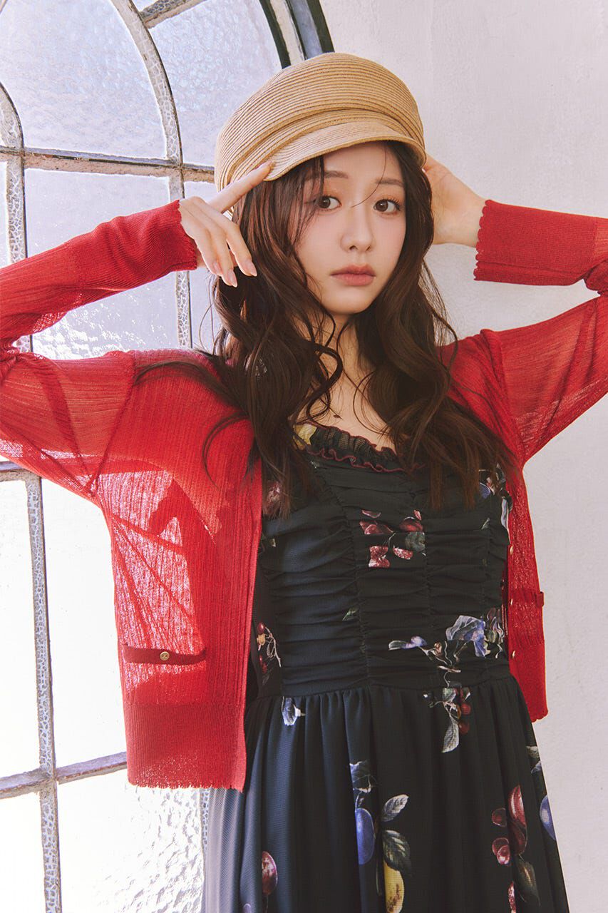 rienda「スカラップクロップドニットカーディガン」|カーディガン|RED