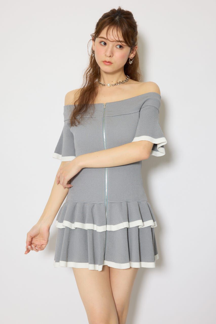 rienda「オフショルフロントジップニットミニワンピース」|ワンピース|GRY