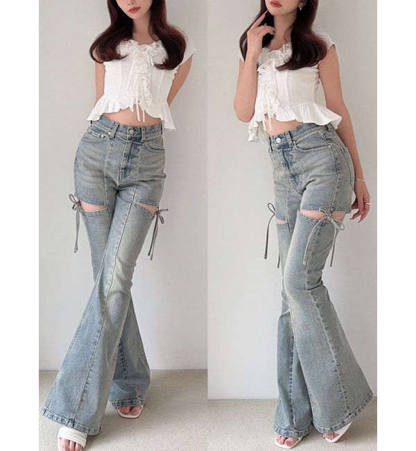 RESEXXY「カットアウトリボンデニムパンツ」|デニム|アイスブルー