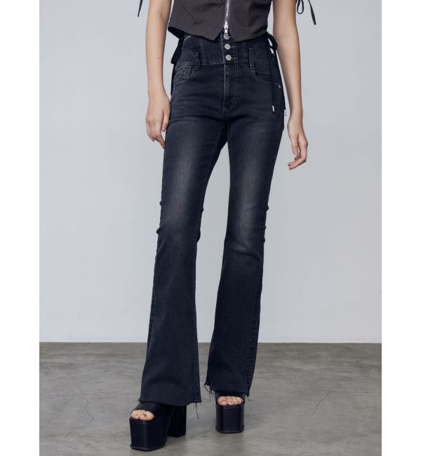 EMODA「サイドオープンハイウエストフレアパギンス」|デニム|ブラック