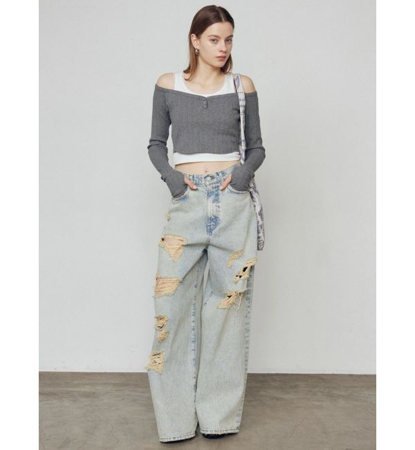 EMODA「バルキーワイドハイウエストクラッシュジーンズ」|デニム|