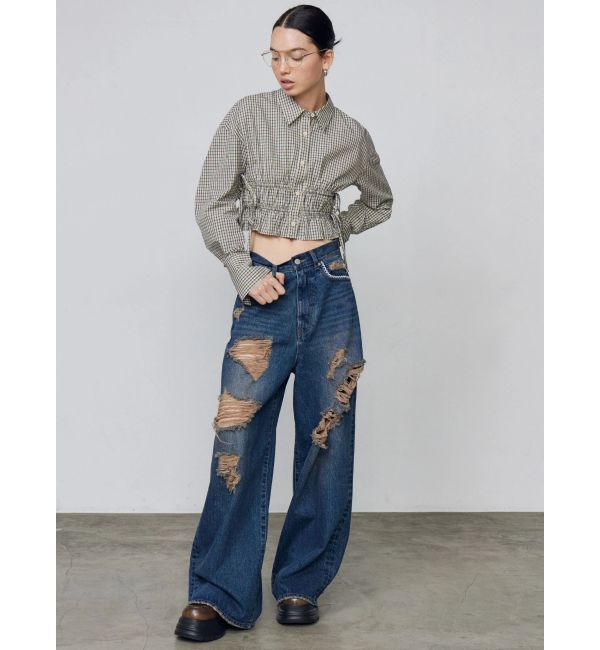 EMODA「バルキーワイドハイウエストクラッシュジーンズ」|デニム|