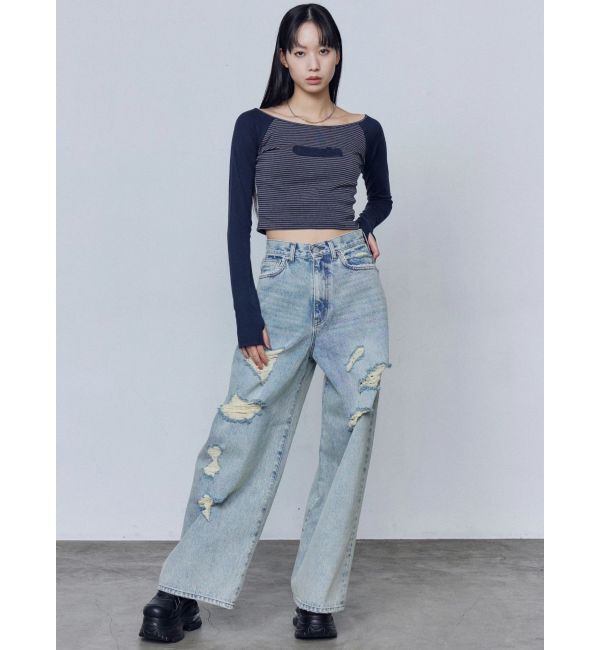 EMODA「バルキーワイドハイウエストクラッシュジーンズ」|デニム|