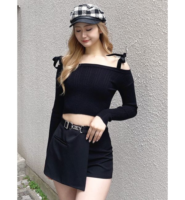 GYDA「ベロアリボンオフショルニットトップス」|ニット・セーター|ブラック