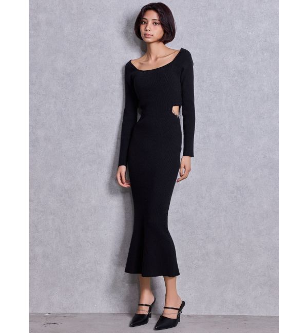 GYDA「GYDA chain SIDE OPENロングフレアニットワンピース」|ワンピース|ブラック