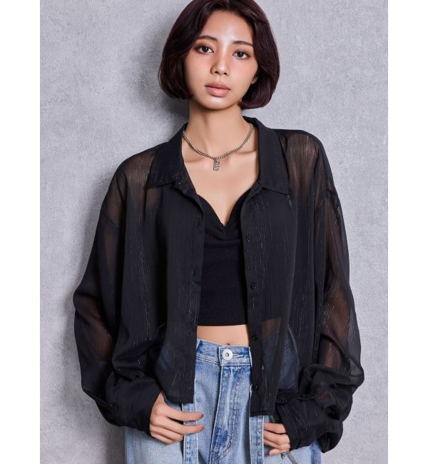 GYDA「SHEERラメショートシャツ」|シャツ・ブラウス|ブラック